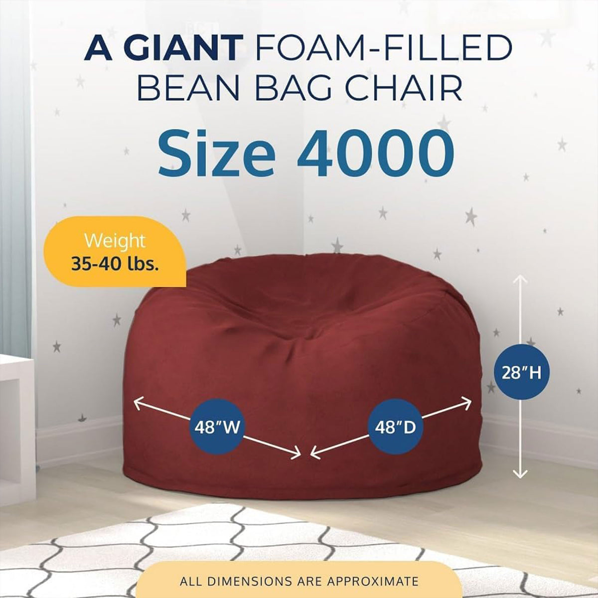 Ultimate Sack 4ft Bean Bag Chair, Oversized Indoor Lounger, Burgundy (Open Box) - VMInnovations