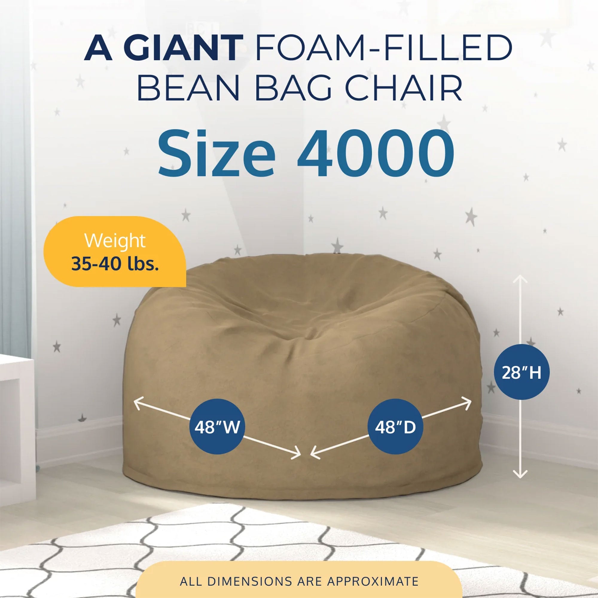 Ultimate Sack 4ft Bean Bag Chair, Oversized Indoor Comfy Lounger, Camel Suede