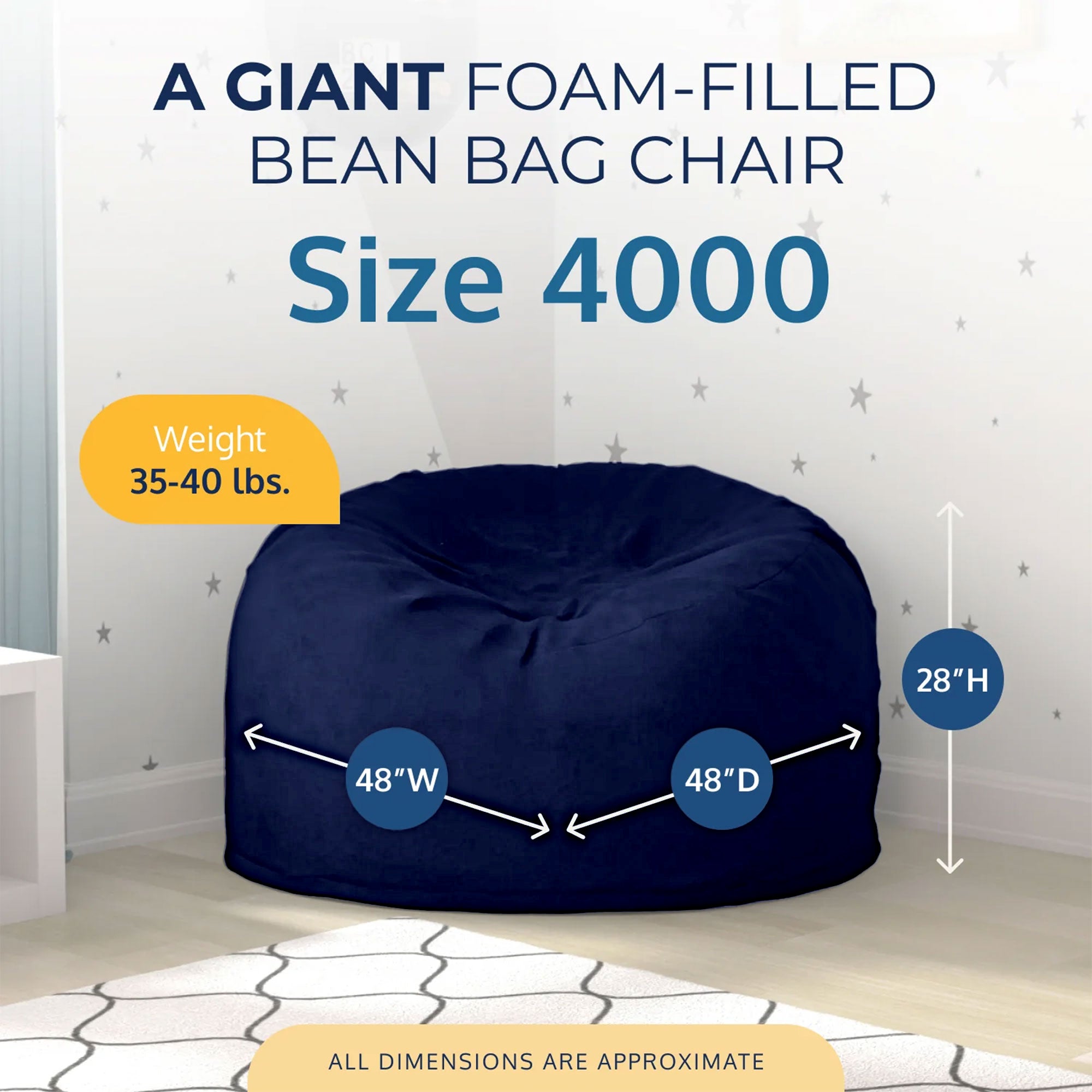 Ultimate Sack 4ft Bean Bag Chair, Oversized Indoor Comfy Lounger, Navy Suede