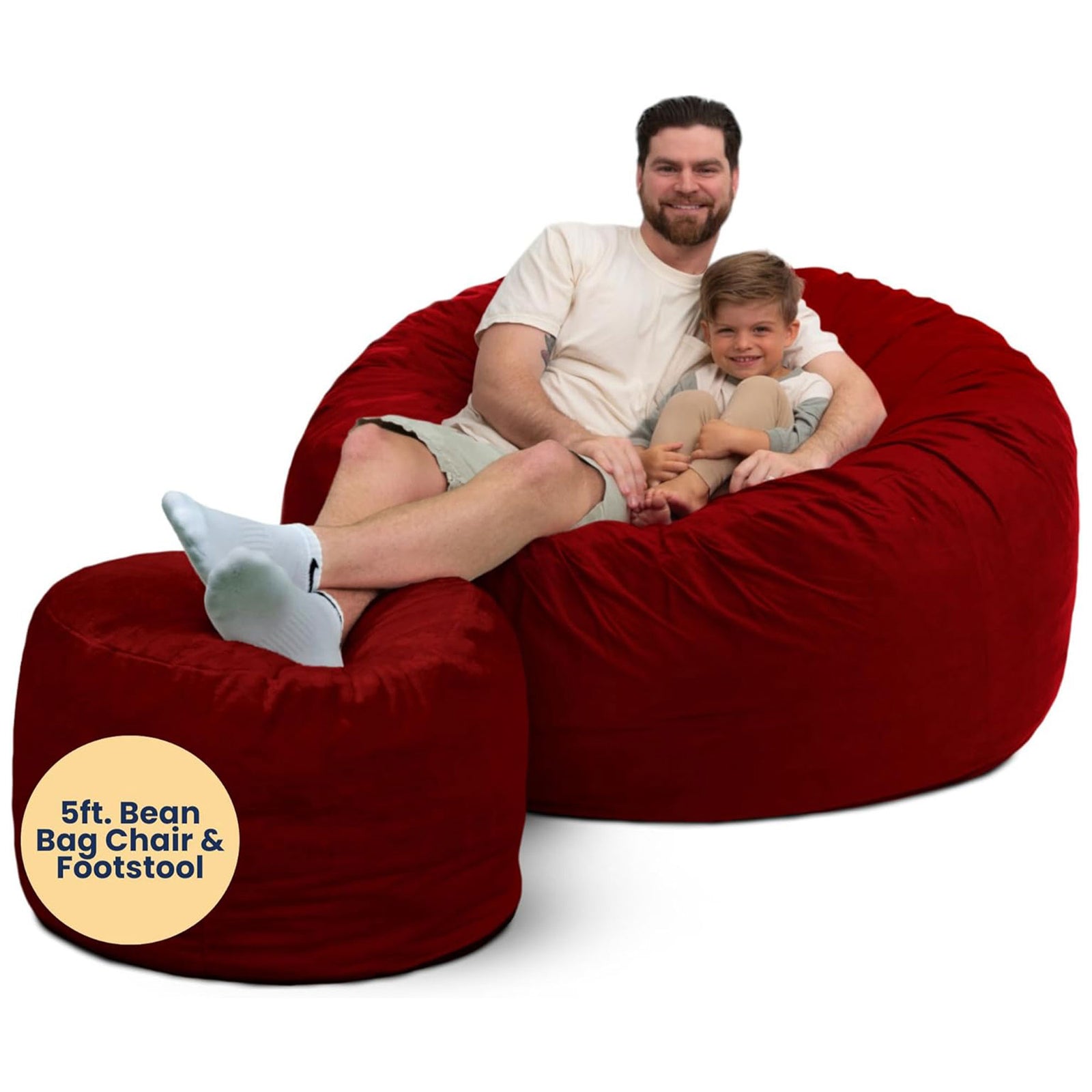 Ultimate Sack 5ft Bean Bag Chair and Footstool Oversized Lounger, Burgundy Suede - VMInnovations