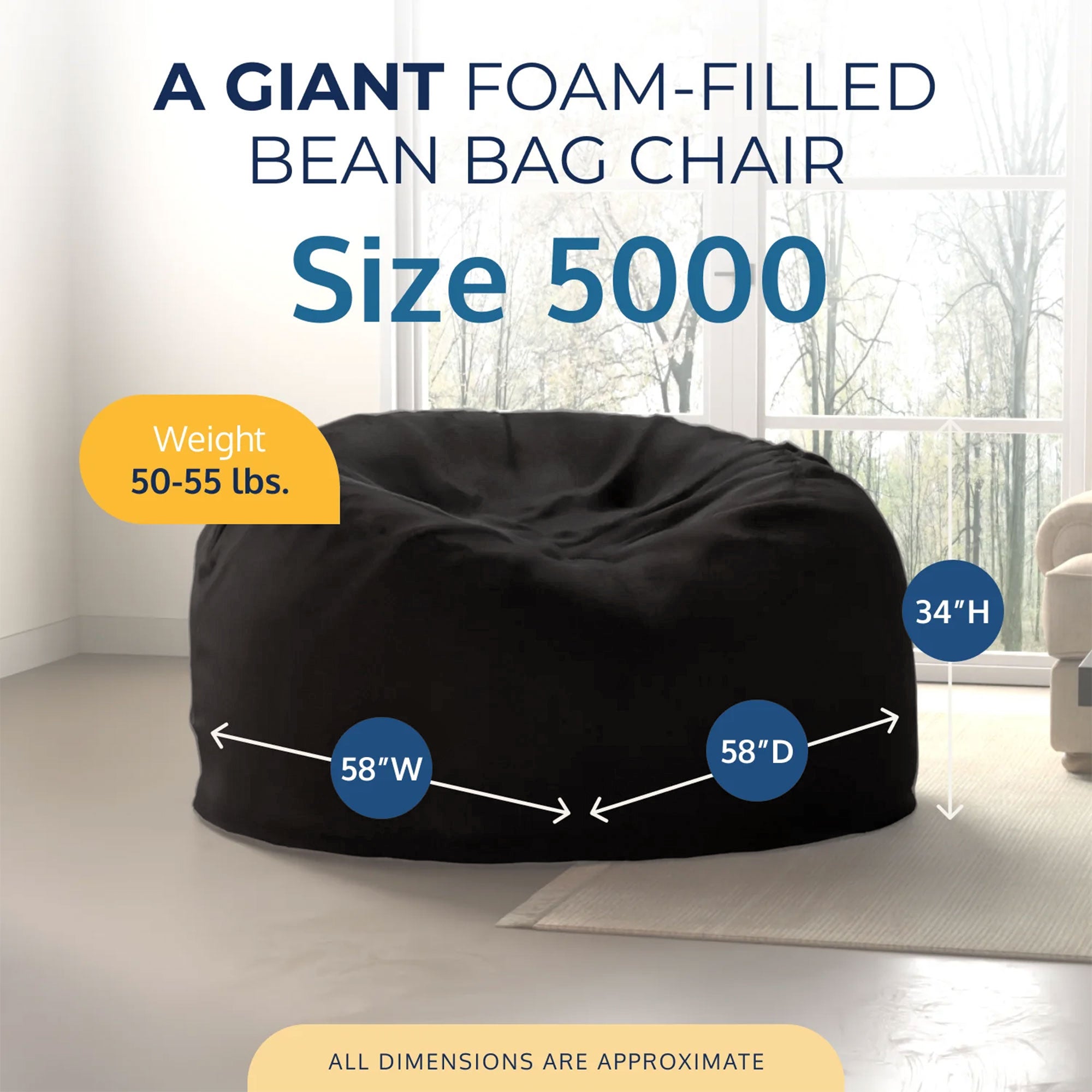 Ultimate Sack 5 Foot Foam Filled Washable Fur Covered Bean Bag Chair, Charcoal - VMInnovations