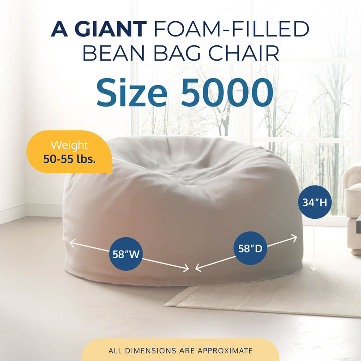 Ultimate Sack 5 Foot Foam Filled Washable Fur Covered Bean Bag Chair, Ivory