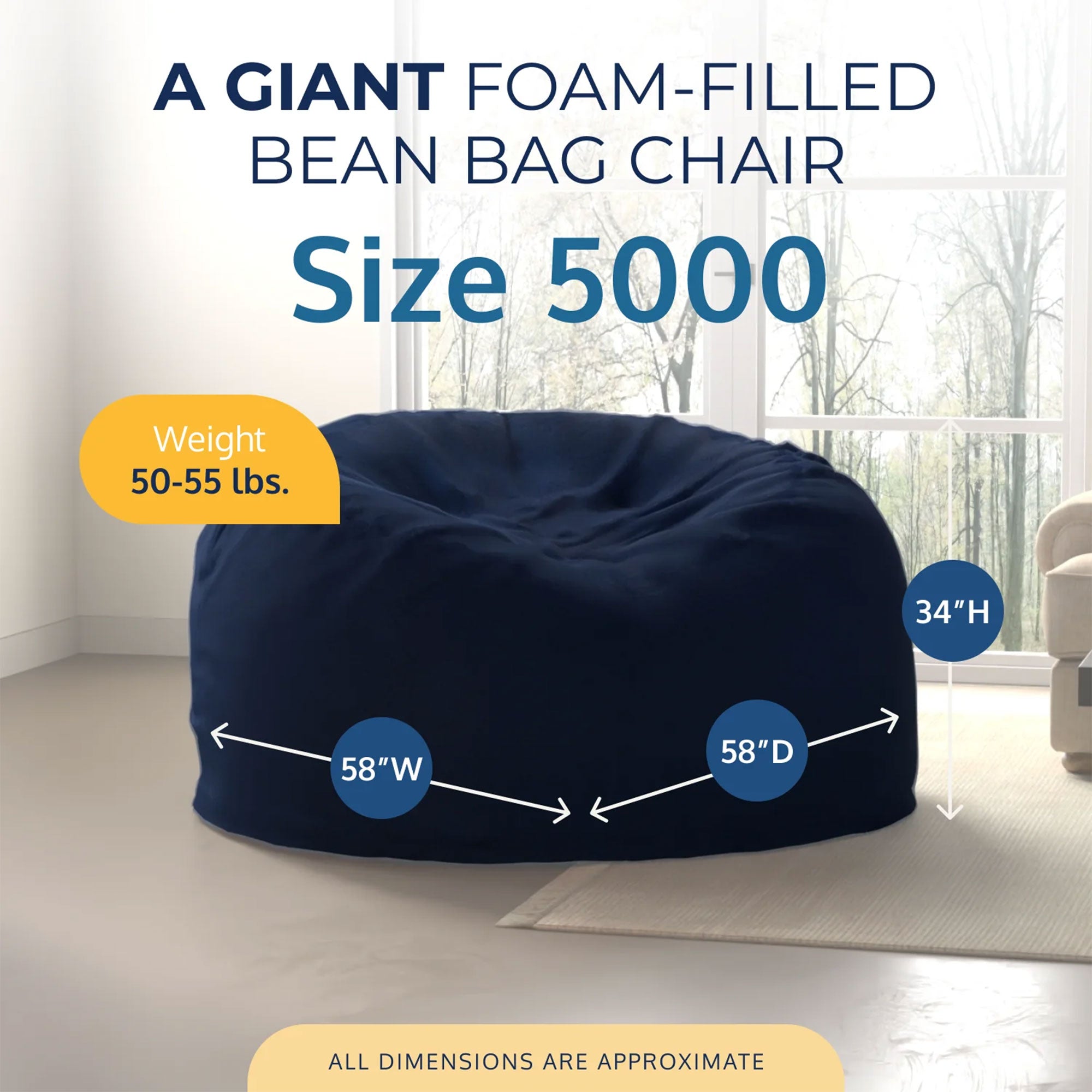 Ultimate Sack 5ft Bean Bag Chair, Oversized Indoor Comfy Lounger, Navy Suede - VMInnovations