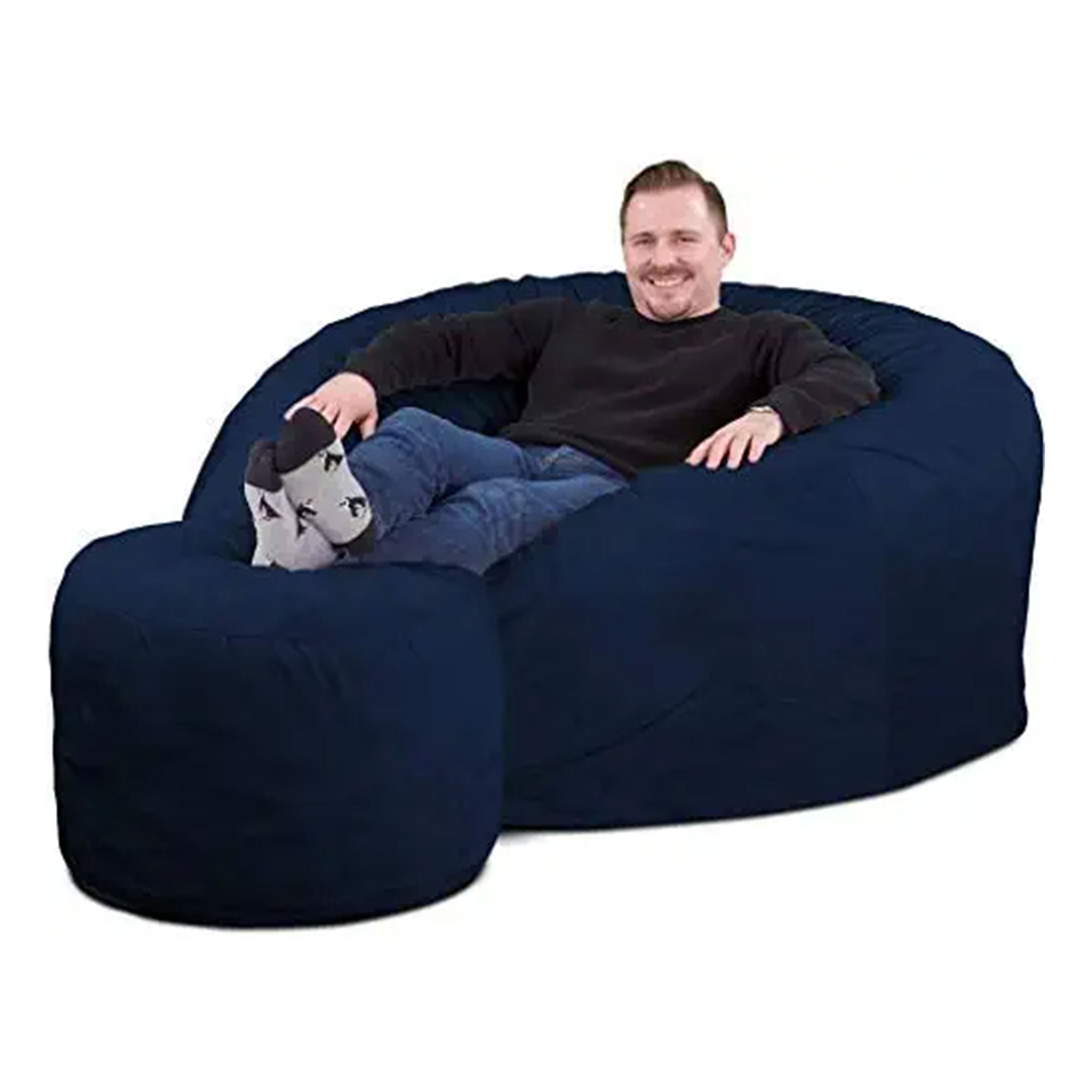 Ultimate Sack 5ft Bean Bag Chair and Footstool, Oversized Lounger, Navy Suede - VMInnovations
