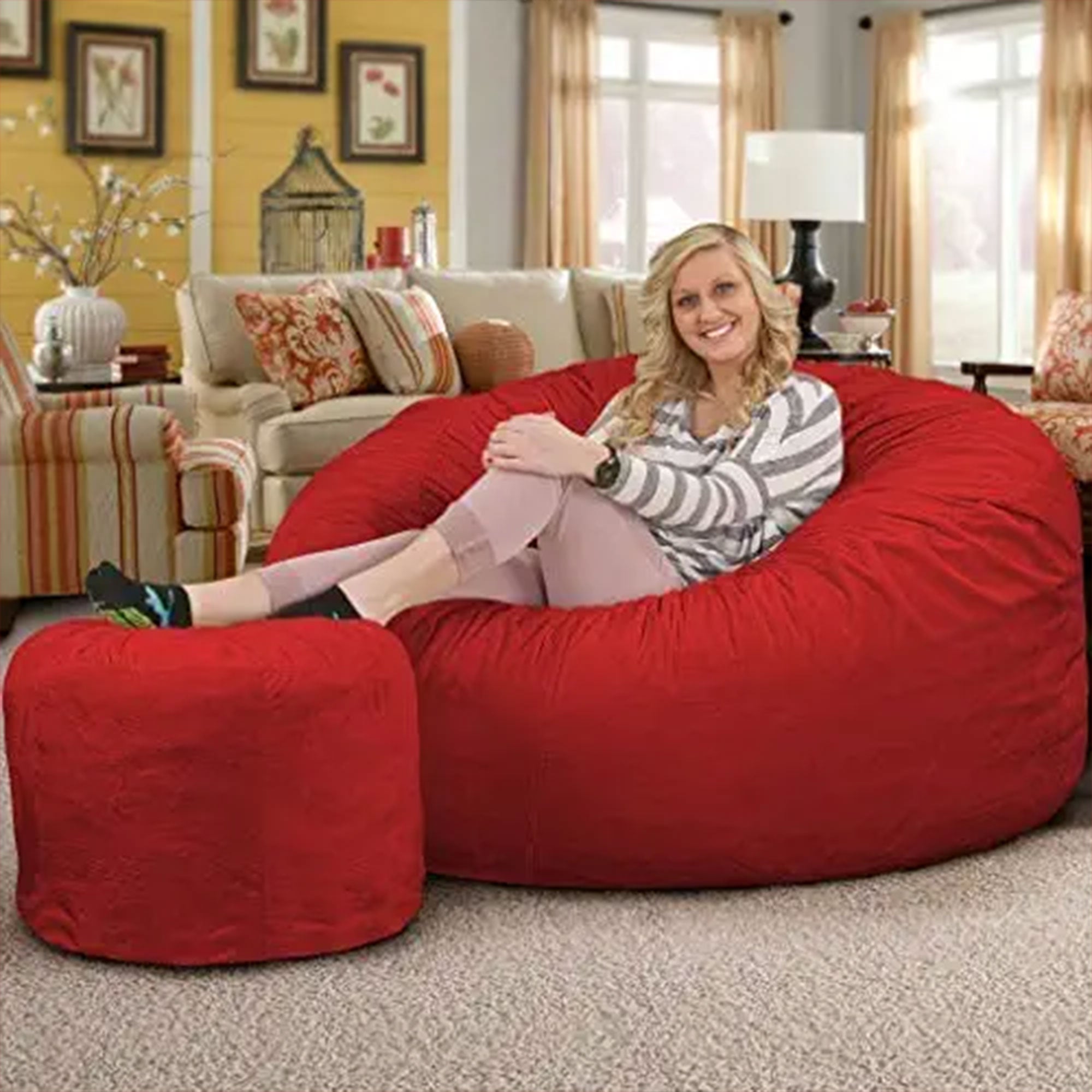 Ultimate Sack 5 Foot Foam Filled Suede Covered Bean Bag Chair w/Footstool, Red