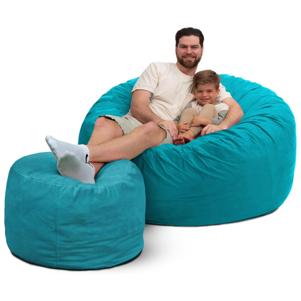 5 Foot Foam Filled Suede Covered Bean Bag Chair w/Footstool, Teal (Used)