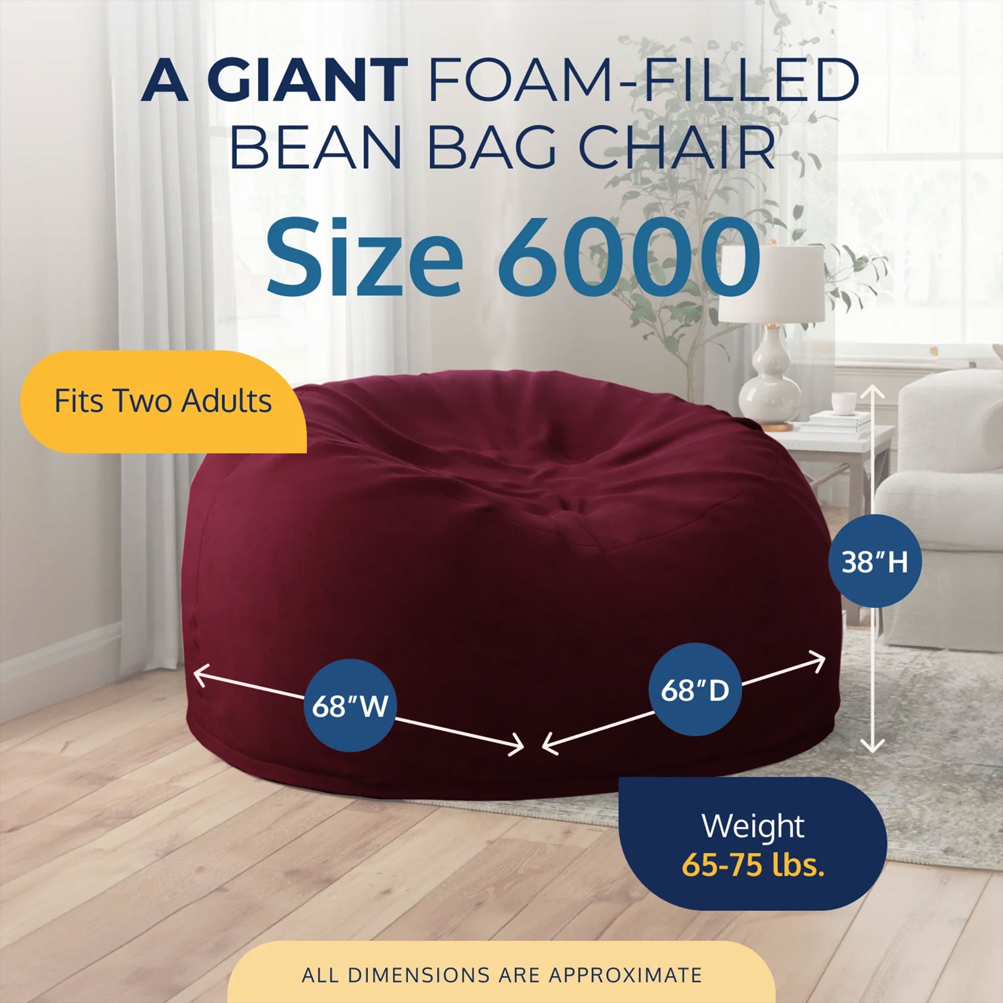 Ultimate Sack 6' Bean Bag Chair and Footstool, Oversized Lounger, Burgundy Suede - VMInnovations