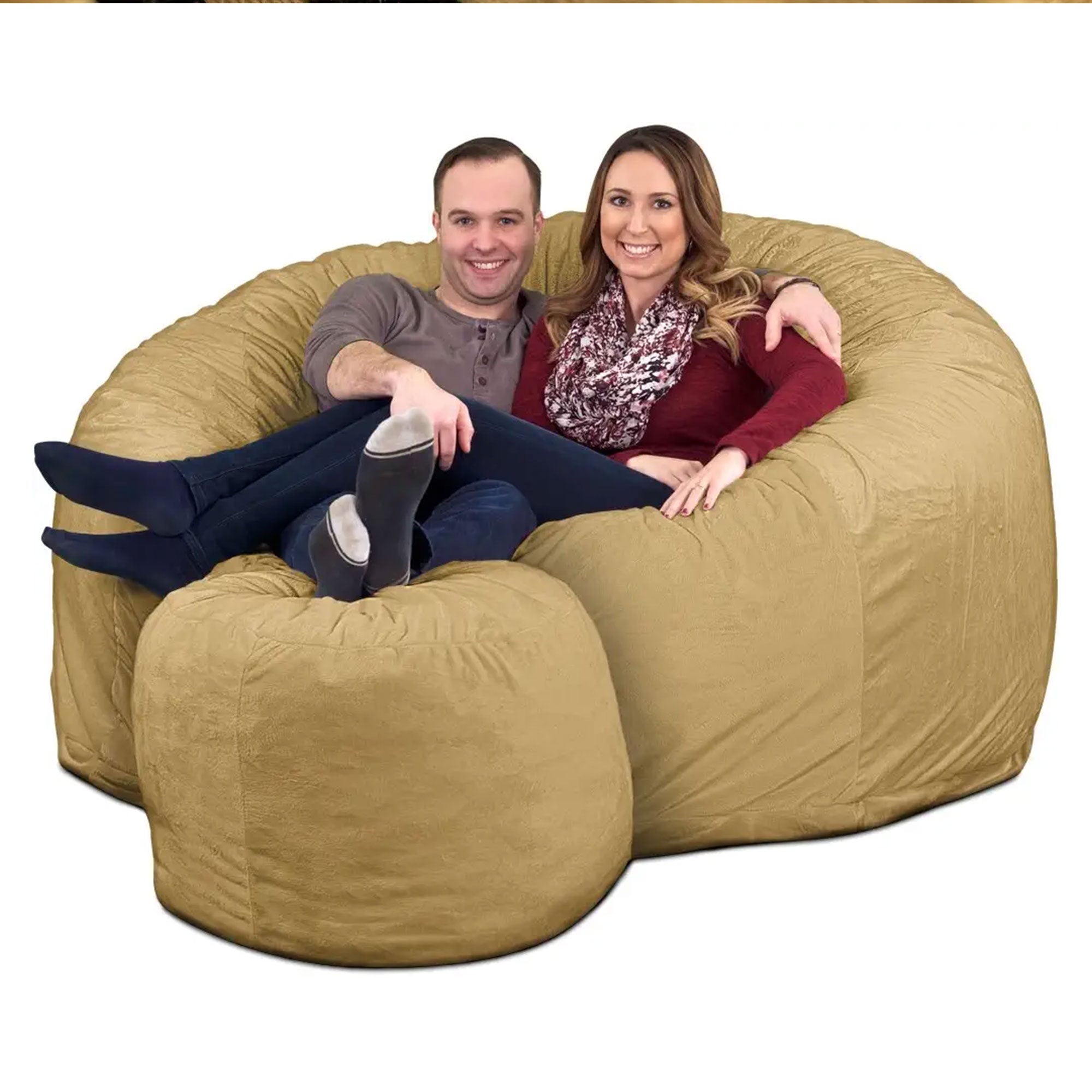 Ultimate Sack 6 Foot Foam Filled Suede Covered Bean Bag Chair w/Footstool, Camel