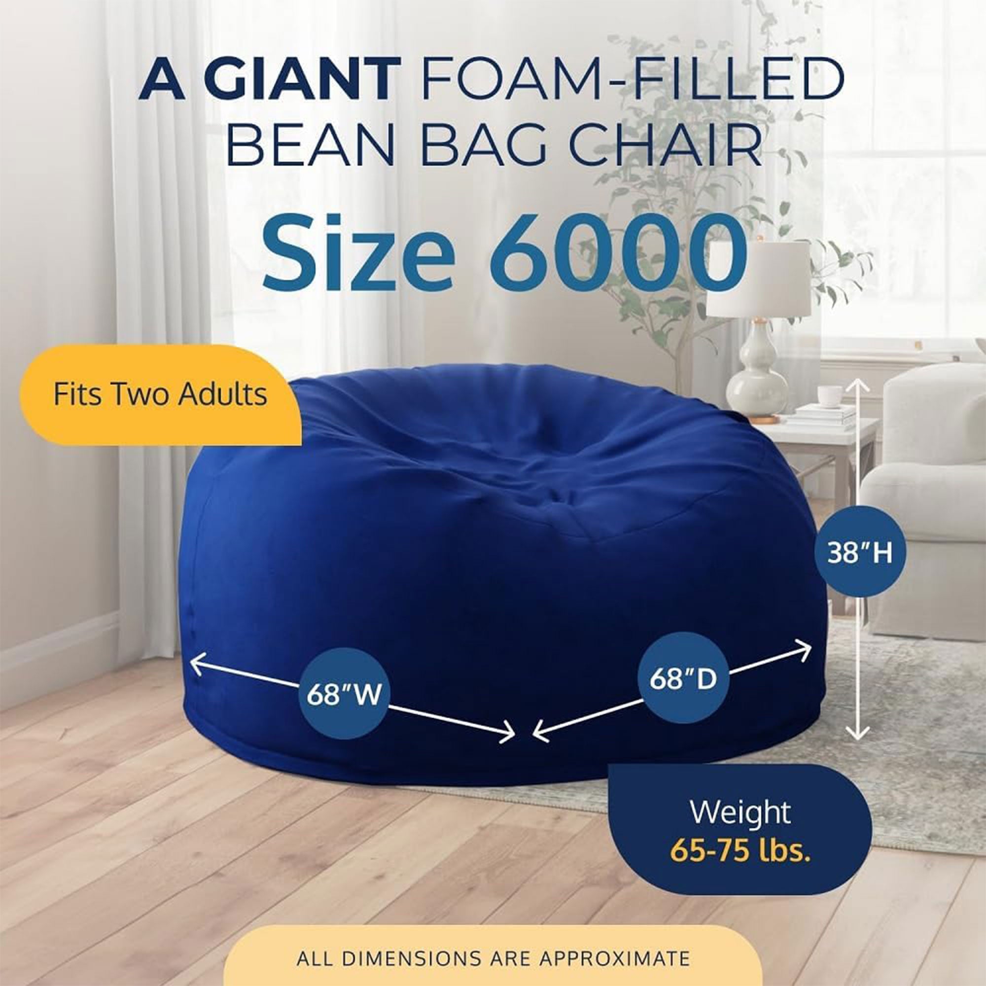 Ultimate Sack 6 Ft Foam Fill Washable Suede Cover Bean Bag Chair, Electric Blue - VMInnovations