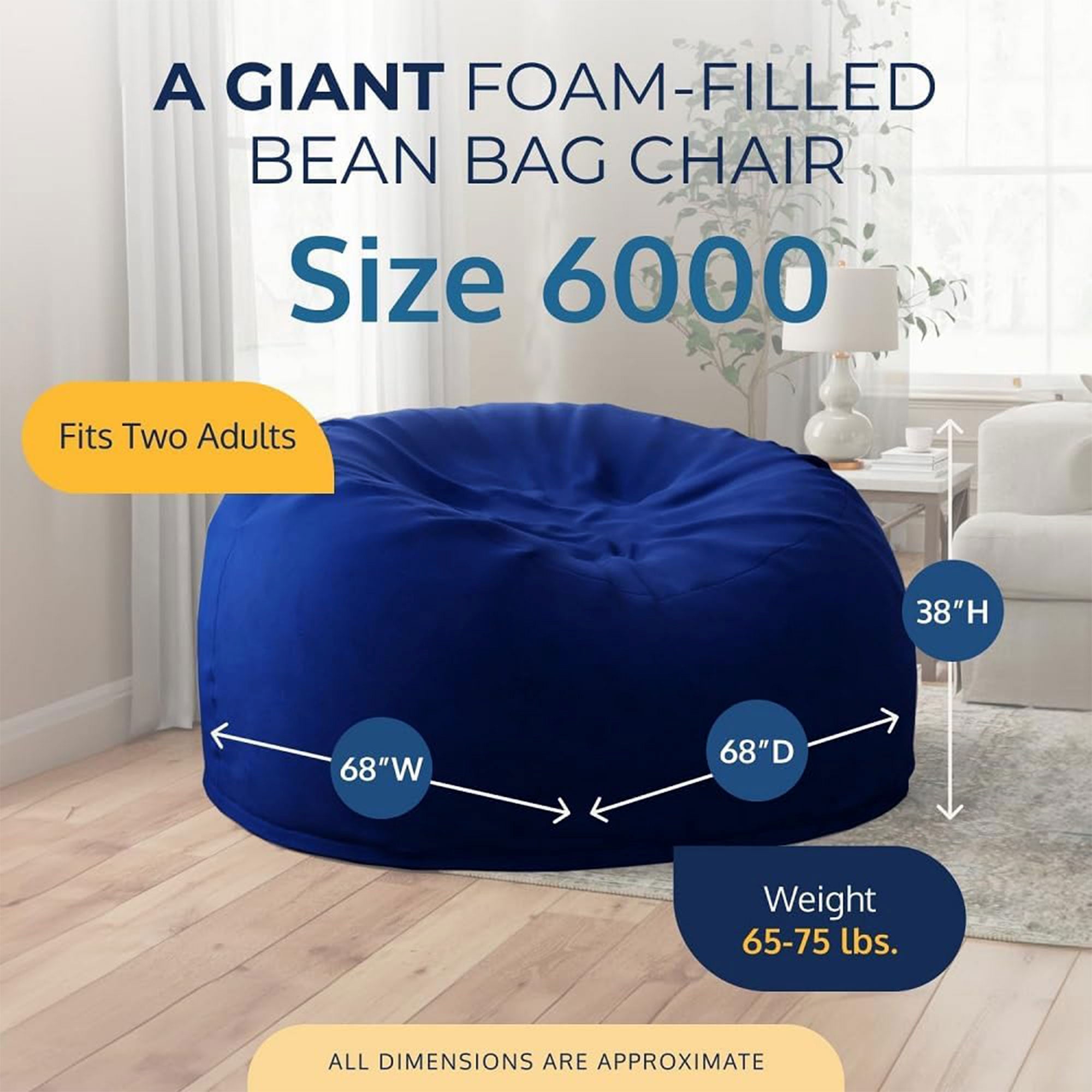 Ultimate Sack 6ft Bean Bag Chair w/ Footstool, Oversized Lounger, Blue Suede