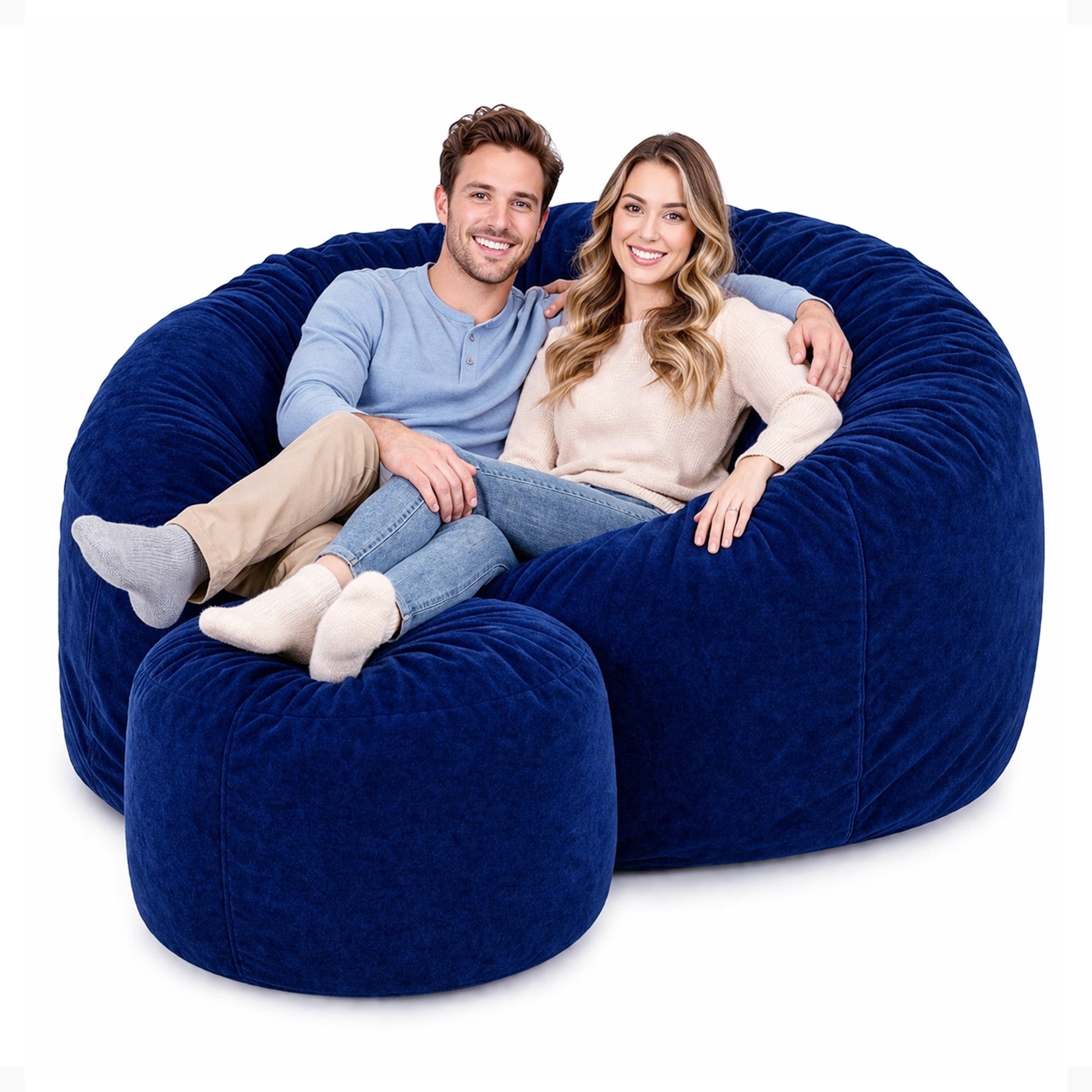 Ultimate Sack 6ft Bean Bag Chair w/ Footstool, Oversized Lounger, Blue Suede - VMInnovations