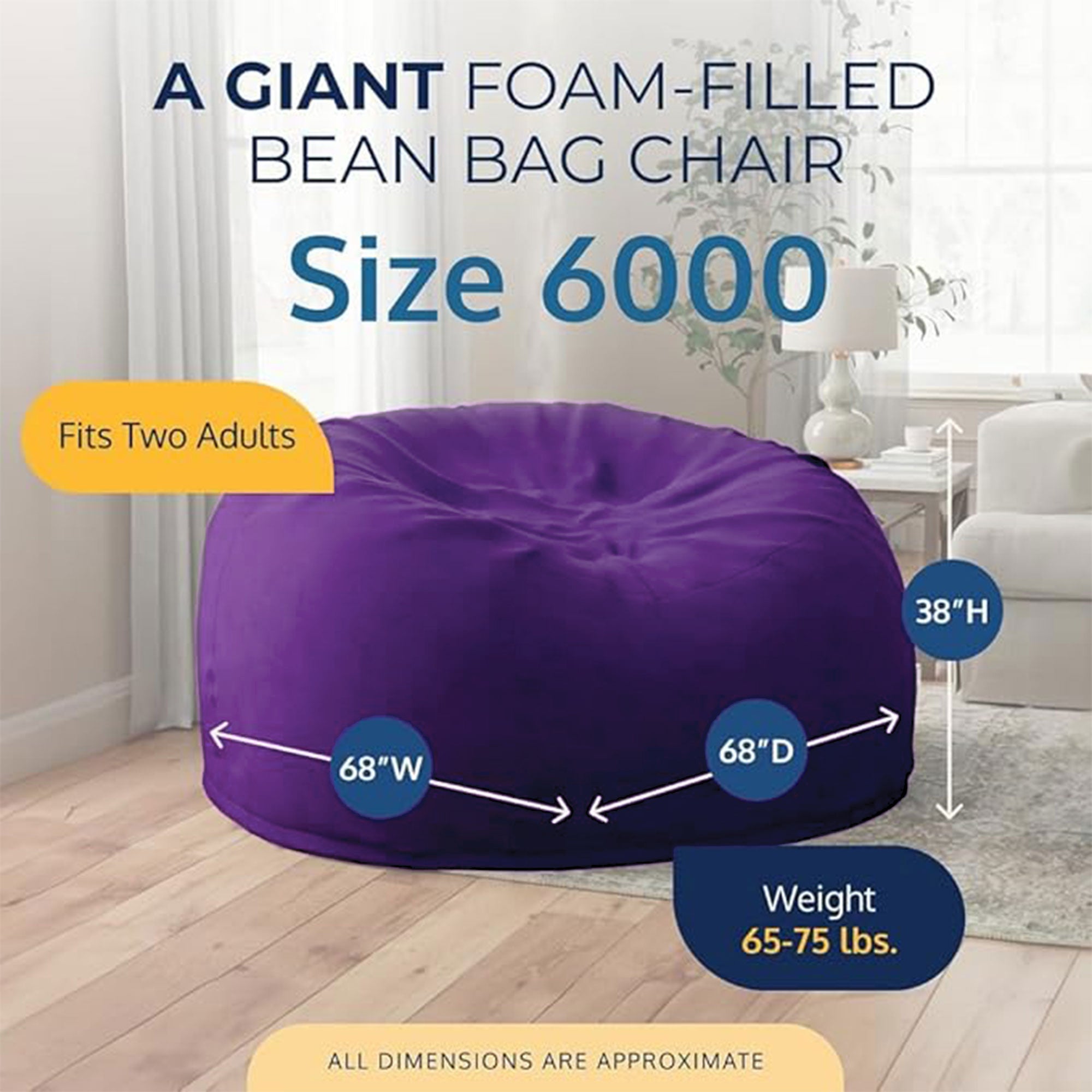 Ultimate Sack 6ft Bean Bag Chair, Oversized Indoor Comfy Lounger, Purple Suede - VMInnovations