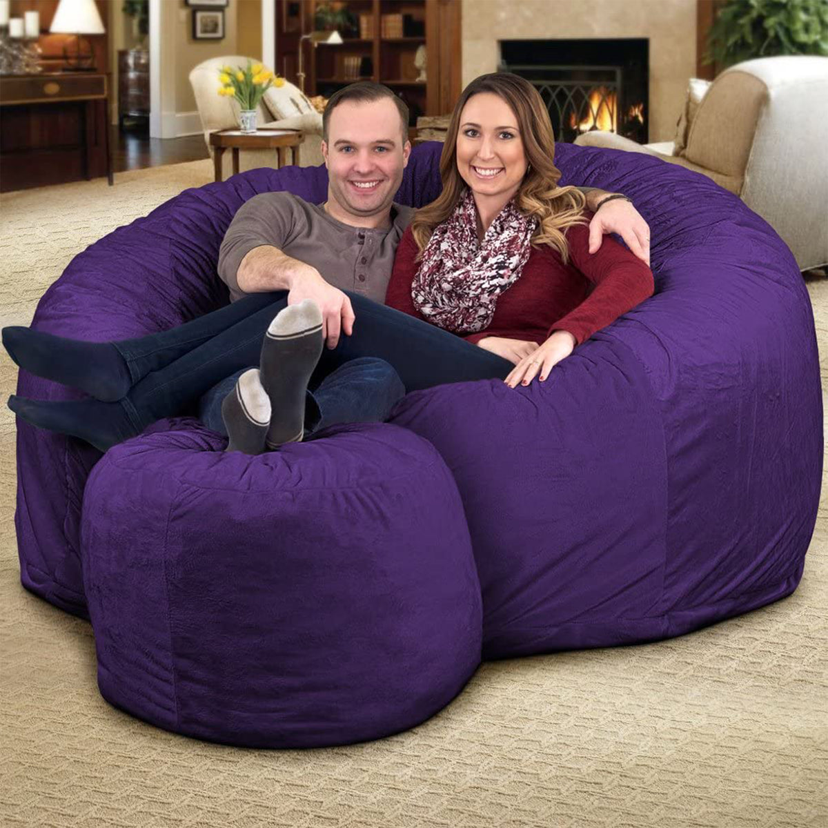 Ultimate Sack 6 Ft Foam Filled Suede Covered Bean Bag Chair w/Footstool, Purple