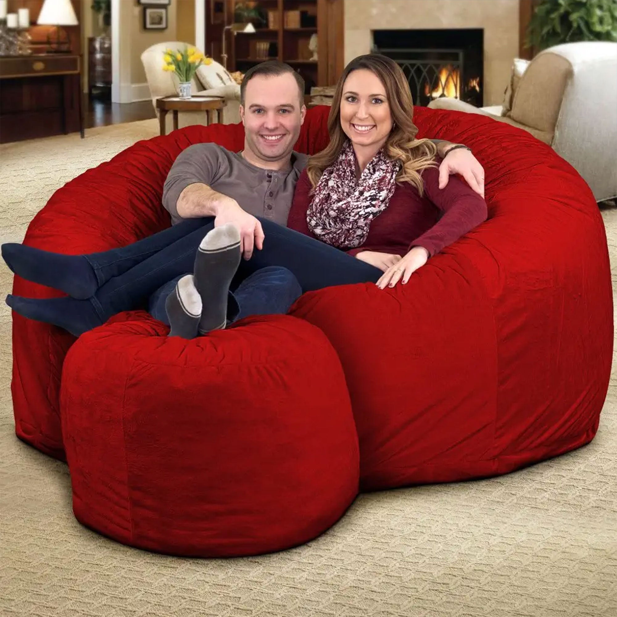 6 Foot Foam Filled Suede Covered Bean Bag Chair w/Footstool, Red (Used)