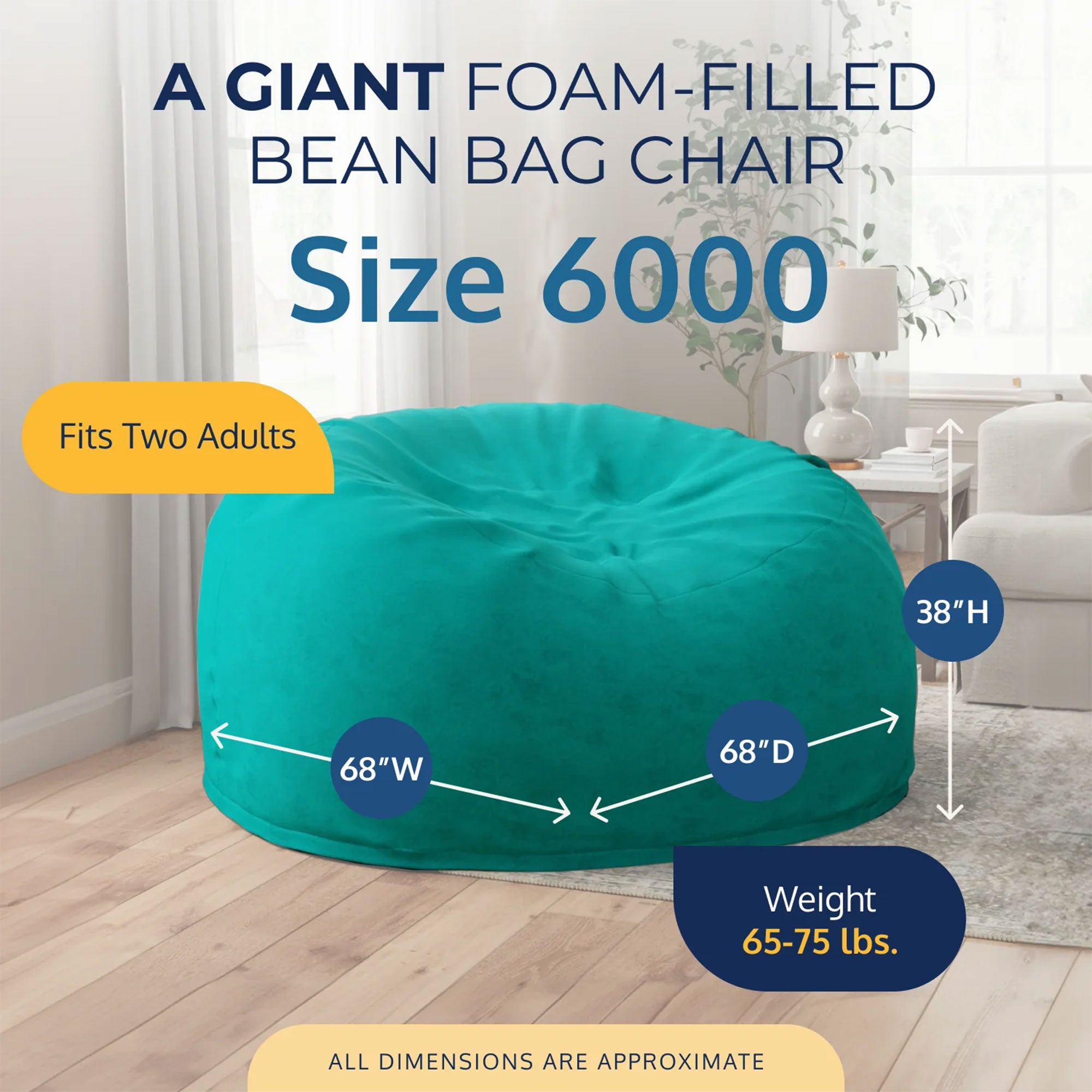 Ultimate Sack 6ft Bean Bag Chair, Oversized Indoor Comfy Lounger, Teal Suede