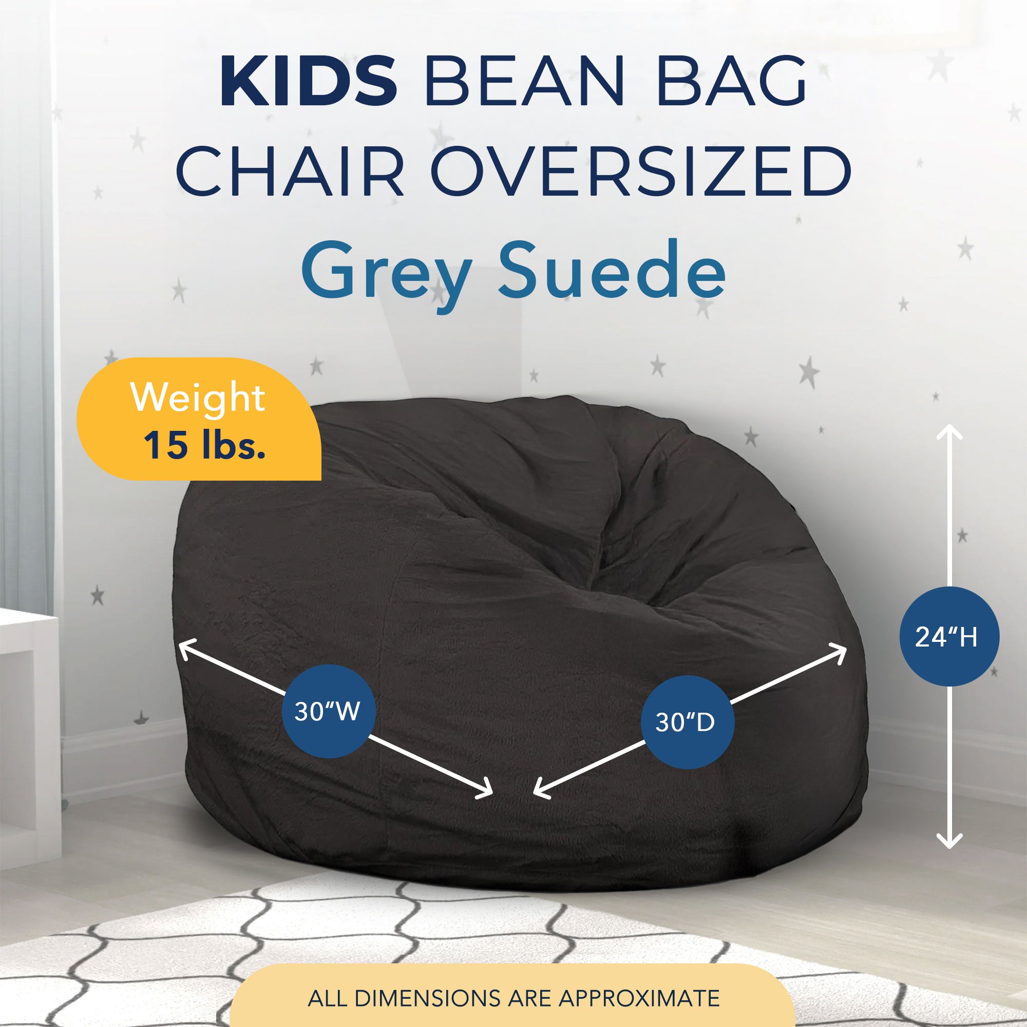 Ultimate Sack Kids Bean Bag Chair, Oversized Indoor Comfy Lounger, Grey Suede - VMInnovations