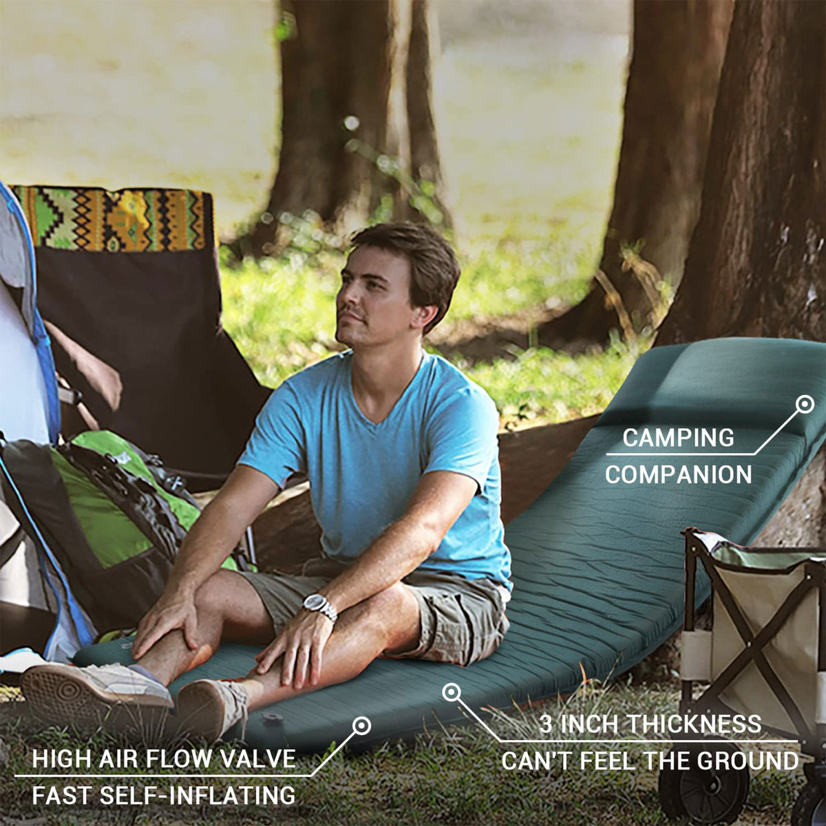 INVOKER 3" UltraThick Self Inflating Memory Foam Sleeping Pad, Green (Open Box)