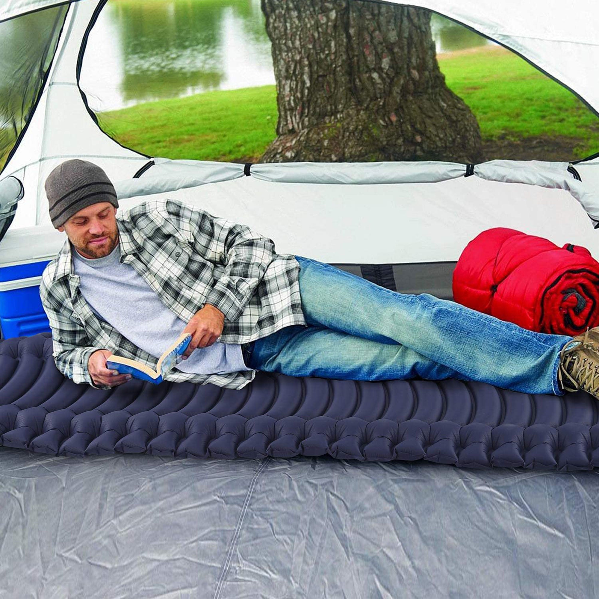 INVOKER Inflatable Camping Sleep Pad w/ Built In Foot Pump, Navy Blue (Open Box) - VMInnovations
