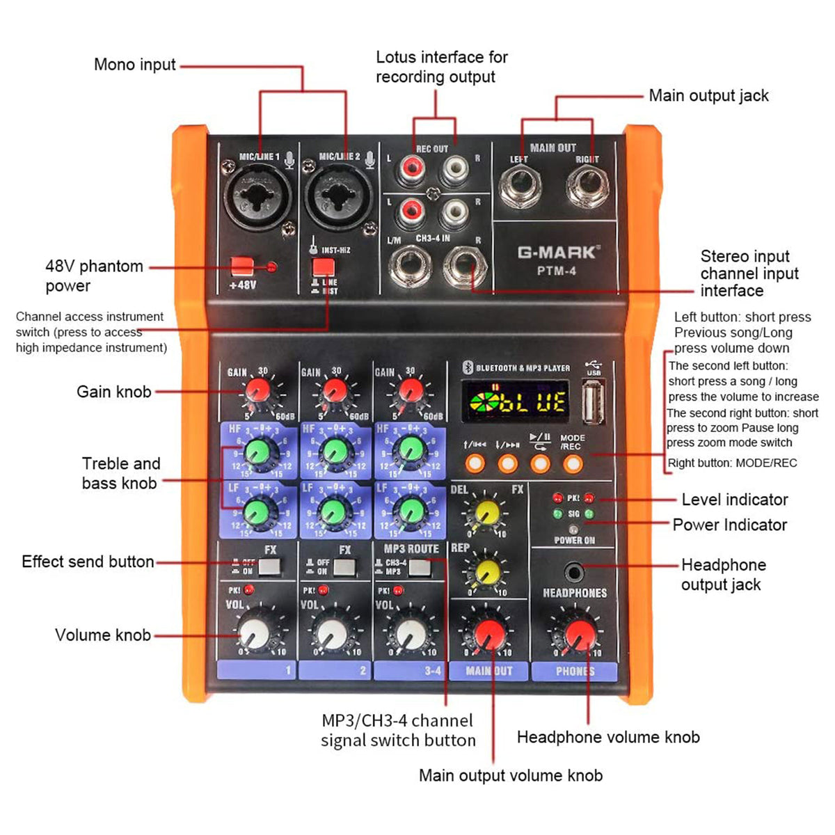 G-MARK PTM4 Mini 4 Channel Portable Bluetooth Audio Mixer Sound Board DJ Console