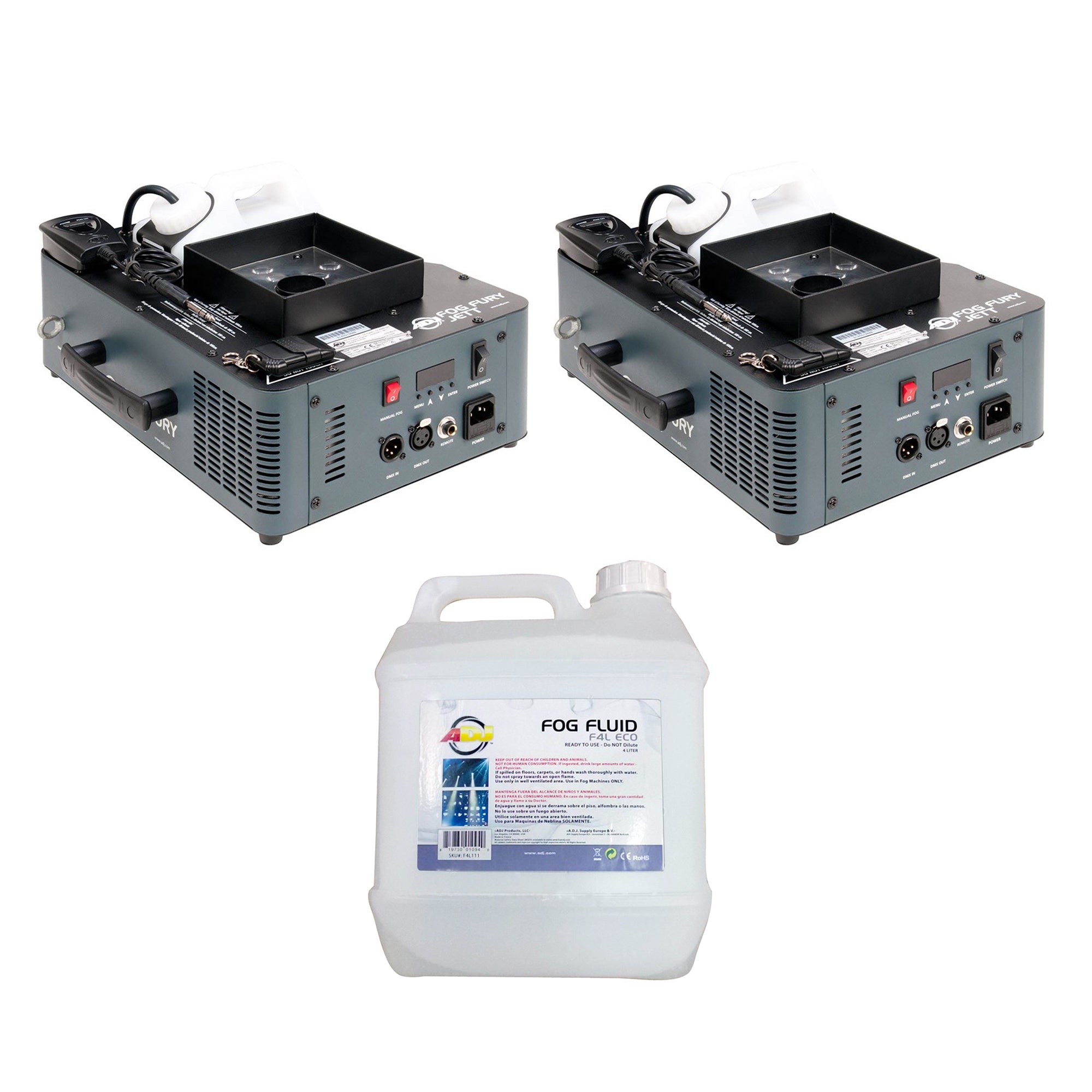 American DJ Fog Fury Jett Smoke Machine w/ Lights & Remote (2 Pk) & Eco Fog, 4L