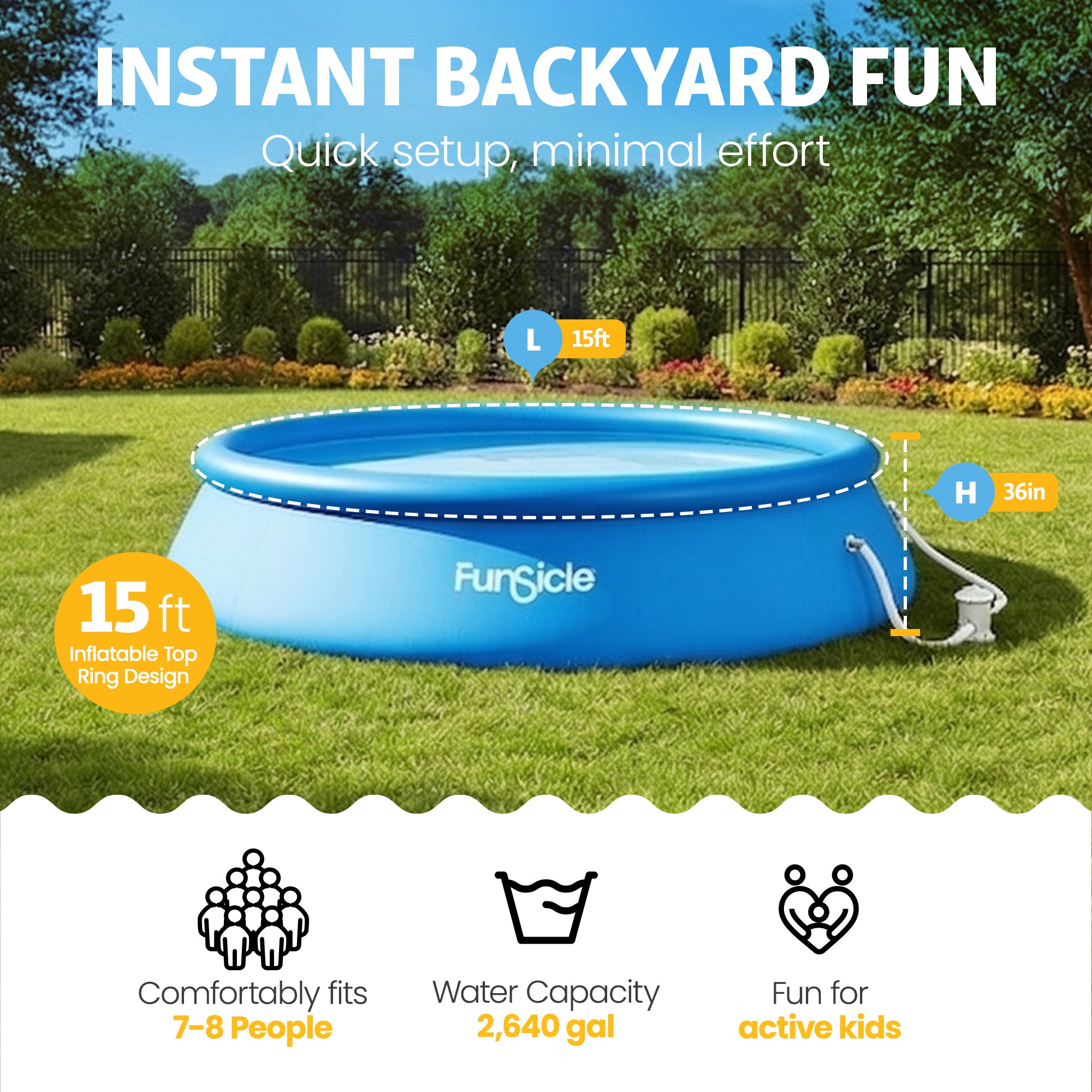 Funsicle 15' x 36" QuickSet Inflatable Ring Top Outdoor Above Ground Pool w/Pump