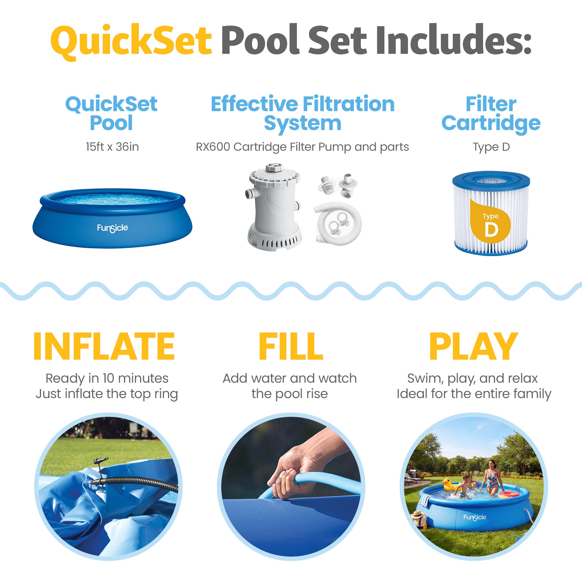 Funsicle 15' x 36" QuickSet Inflatable Ring Top Outdoor Above Ground Pool w/Pump