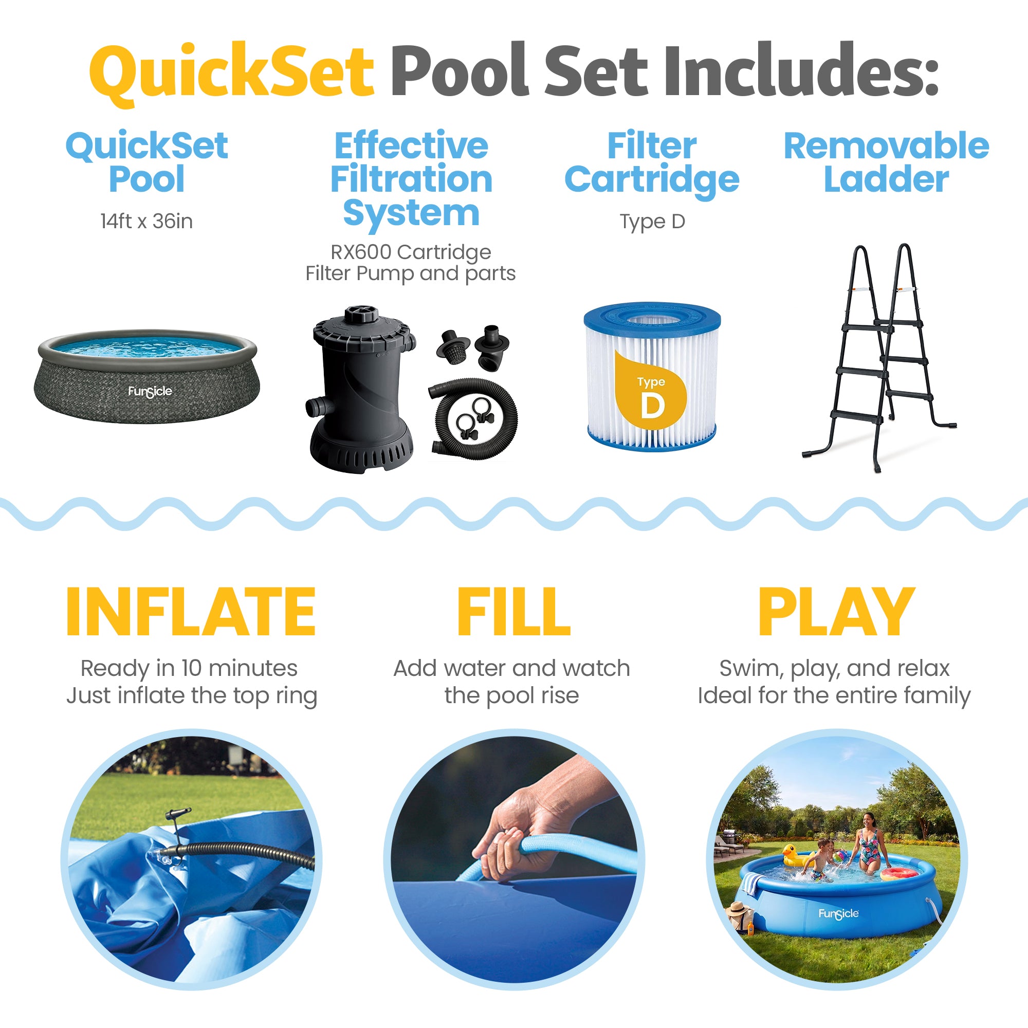 Funsicle 14' x 36" QuickSet Ring Top Above Ground Swimming Pool Dark Herringbone