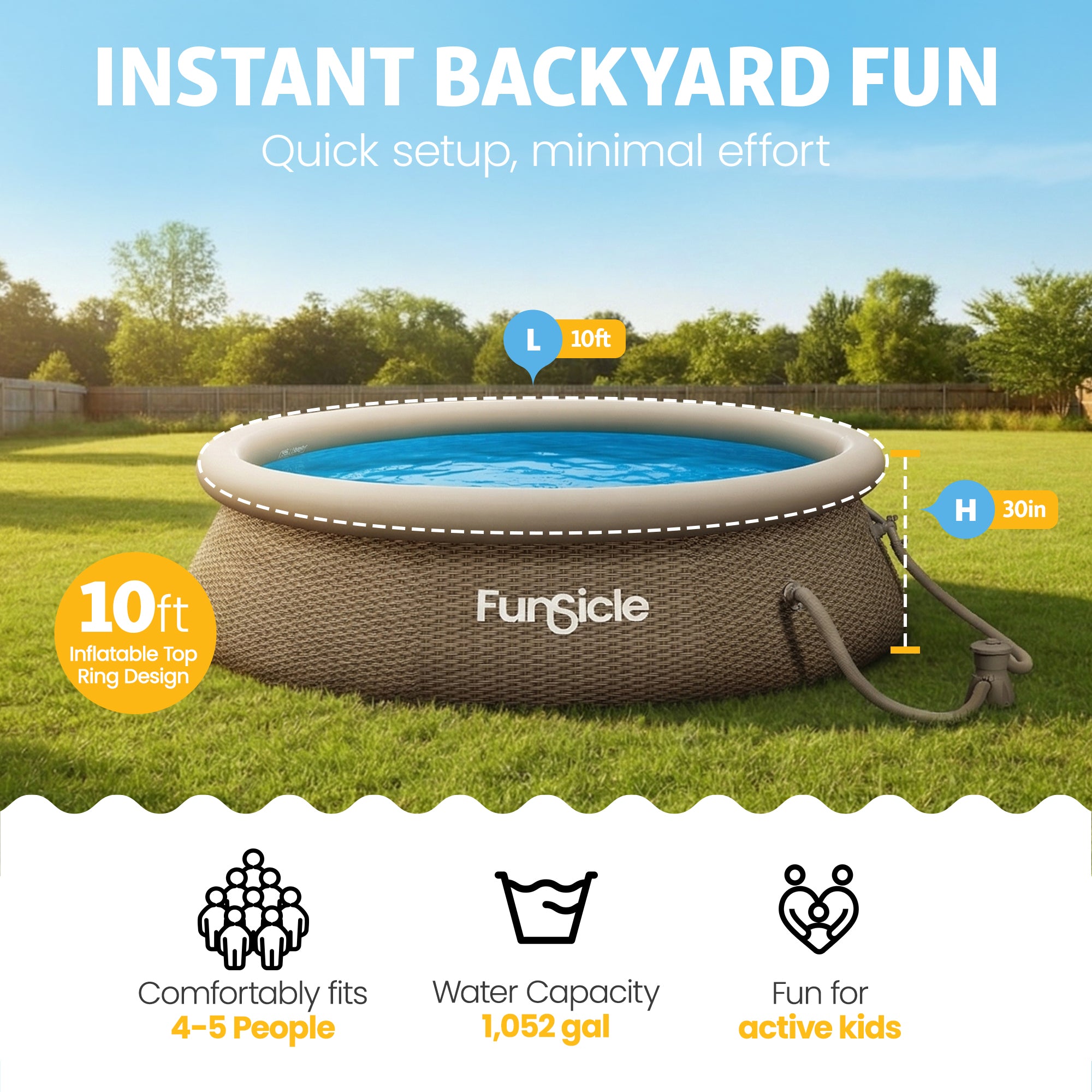 Funsicle 10' x 30" QuickSet Ring Top Above Ground Swimming Pool, Basketweave - VMInnovations