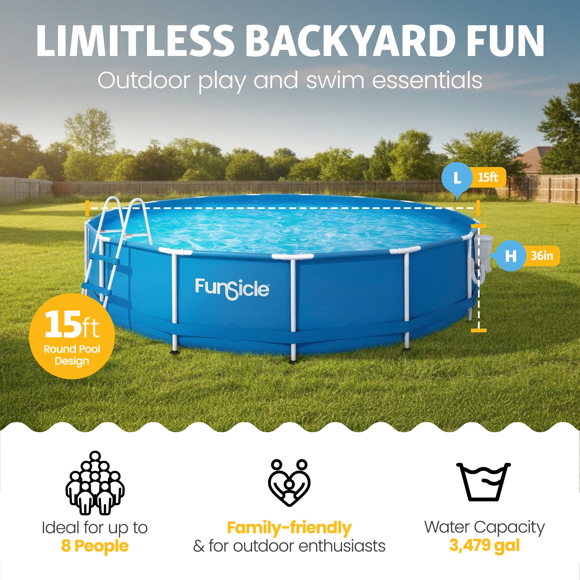 Funsicle 15' x 36" Outdoor Activity Round Frame Above Ground Swimming Pool Set