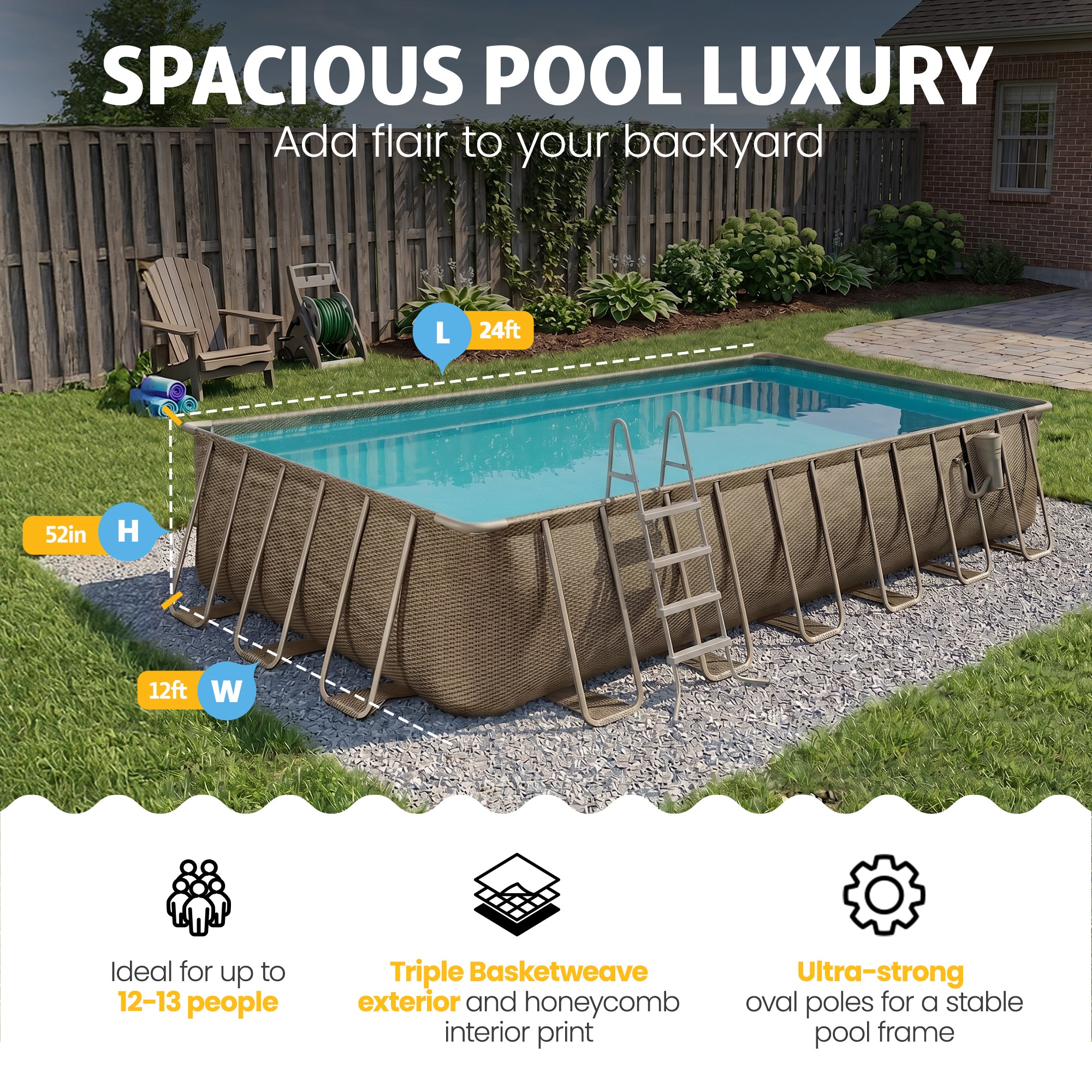 Funsicle 24'x12'x52" Oasis Rectangle Outdoor Above Ground Pool, Brown (Open Box)
