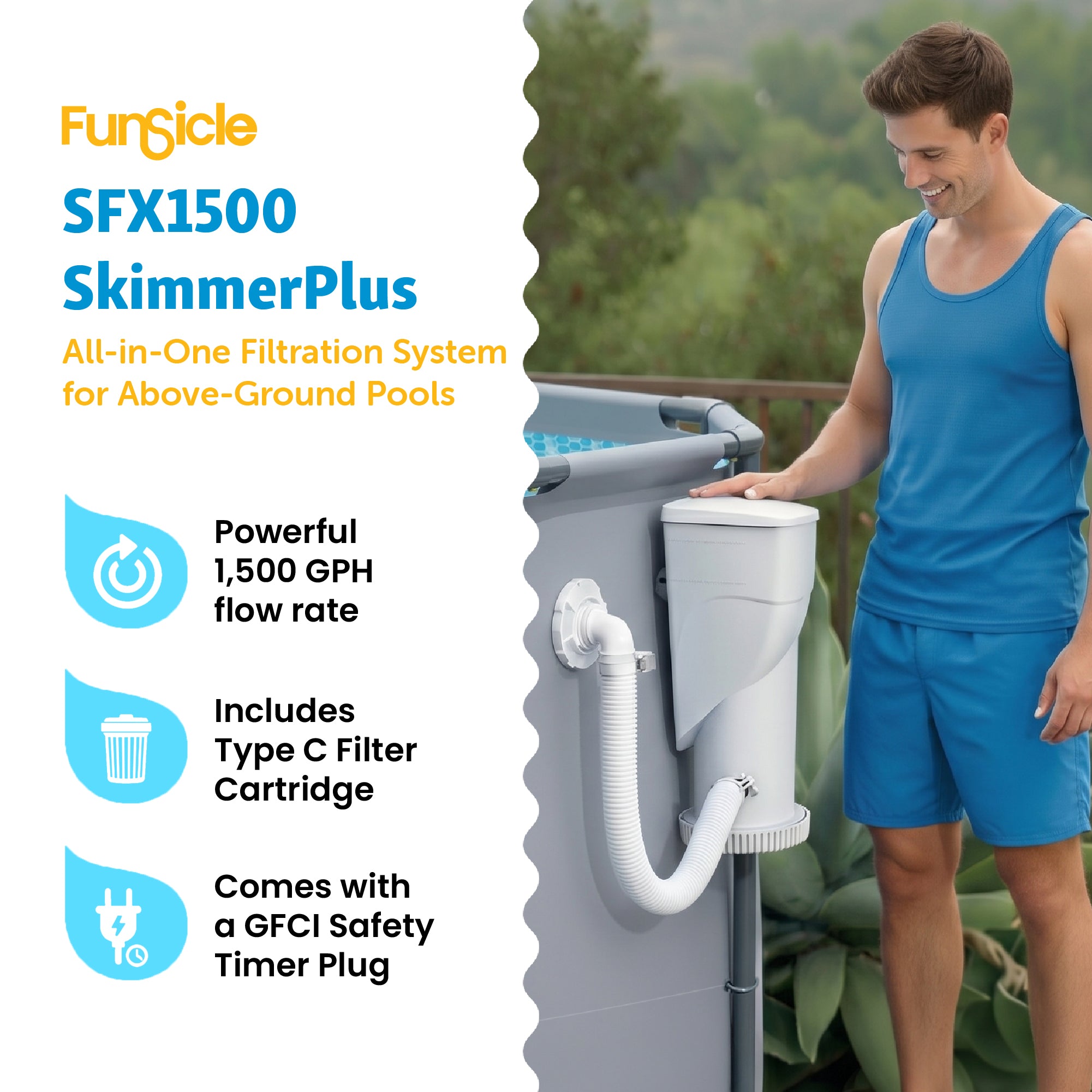 Funsicle 1500 Gallon SkimmerPlus 2-in-1 Filter Pump System for Above Ground Pool