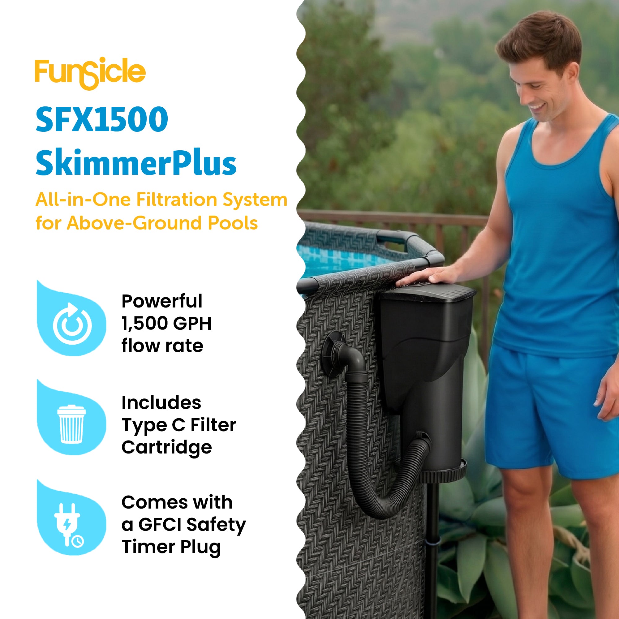 Funsicle 1500 Gallon SkimmerPlus Filter Pump System for Above Ground Pool, Black