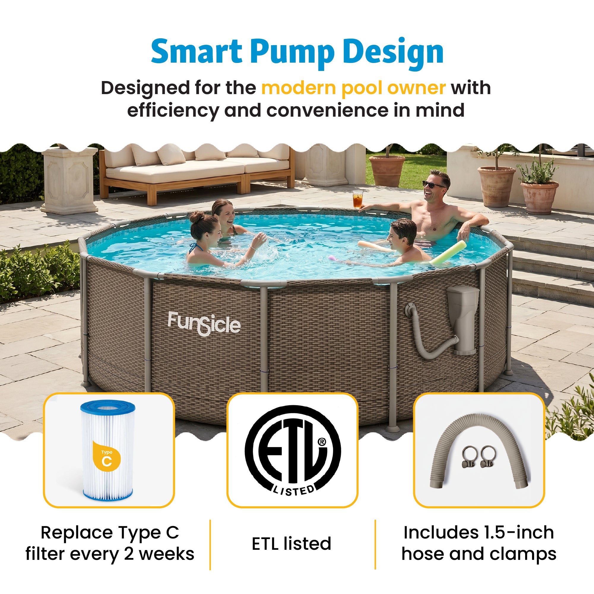 Funsicle 1500 Gallon SkimmerPlus Filter Pump System for Above Ground Pool, Gray
