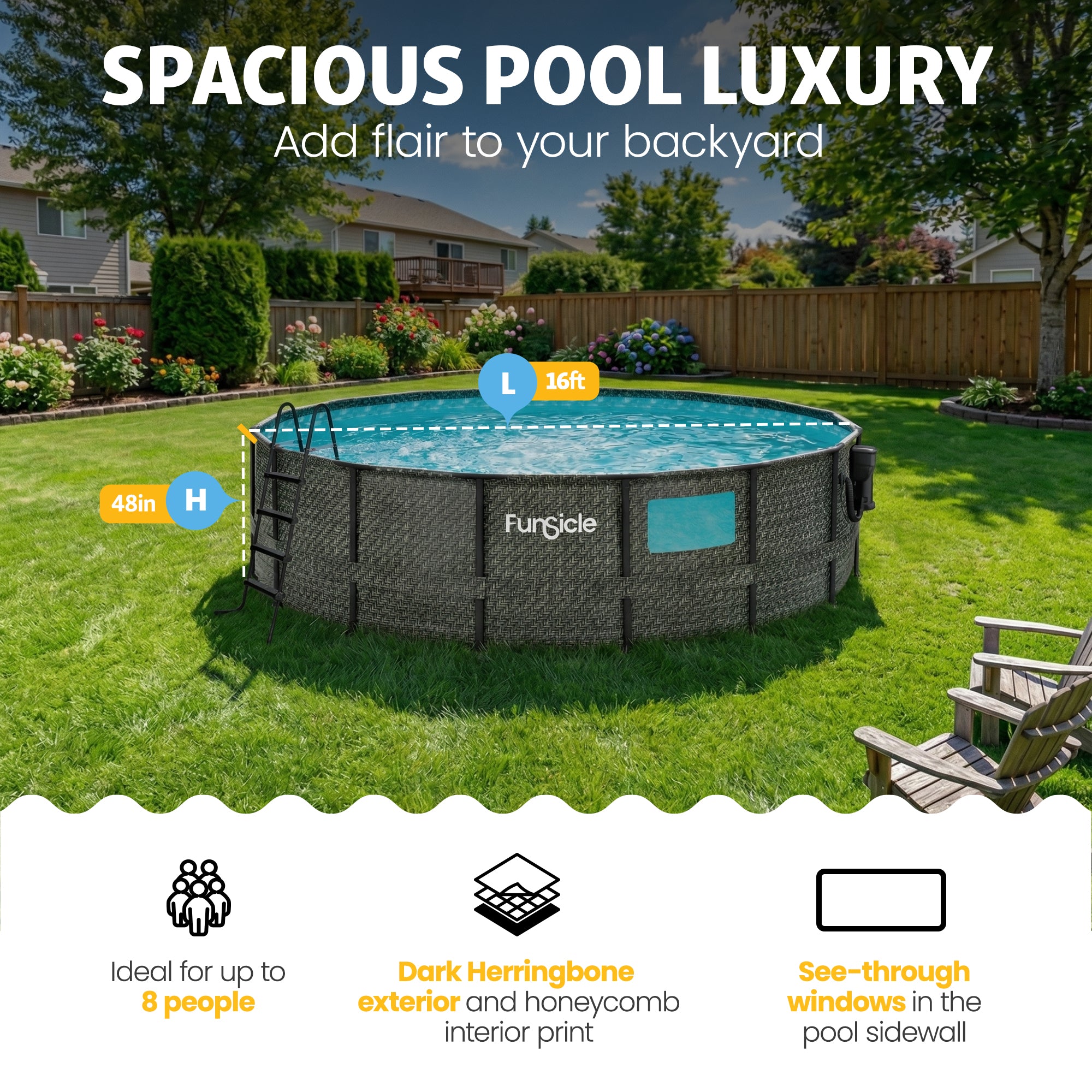 Funsicle 16' x 48" Crystal Vue Oasis Above Ground Swimming Pool Set, Herringbone
