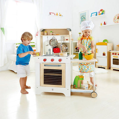 Hape Cook 'N Serve Kids Pretend Play Wooden Cooking Kitchen Bundle w/ Play Food