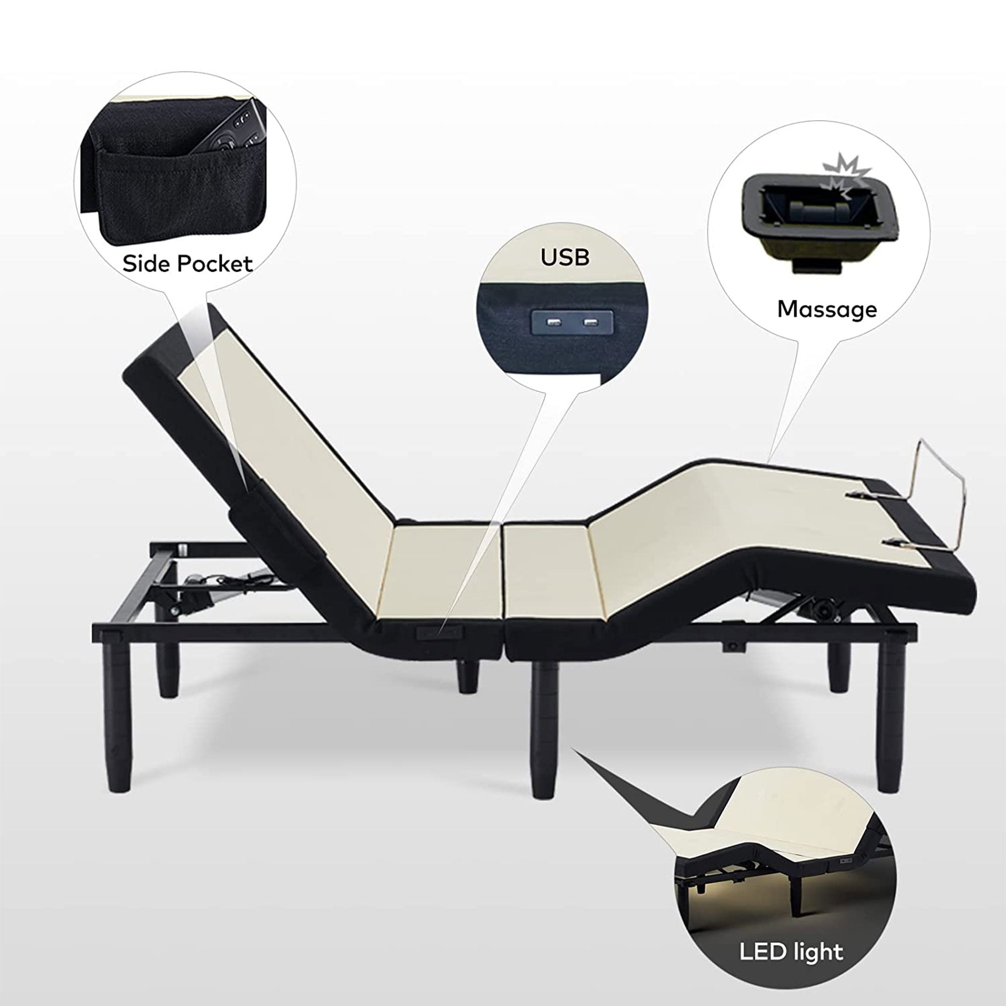 Applied Sleep Adjustable Bed w/ Massage Zones and Bluetooth, Full (Open Box) - VMInnovations