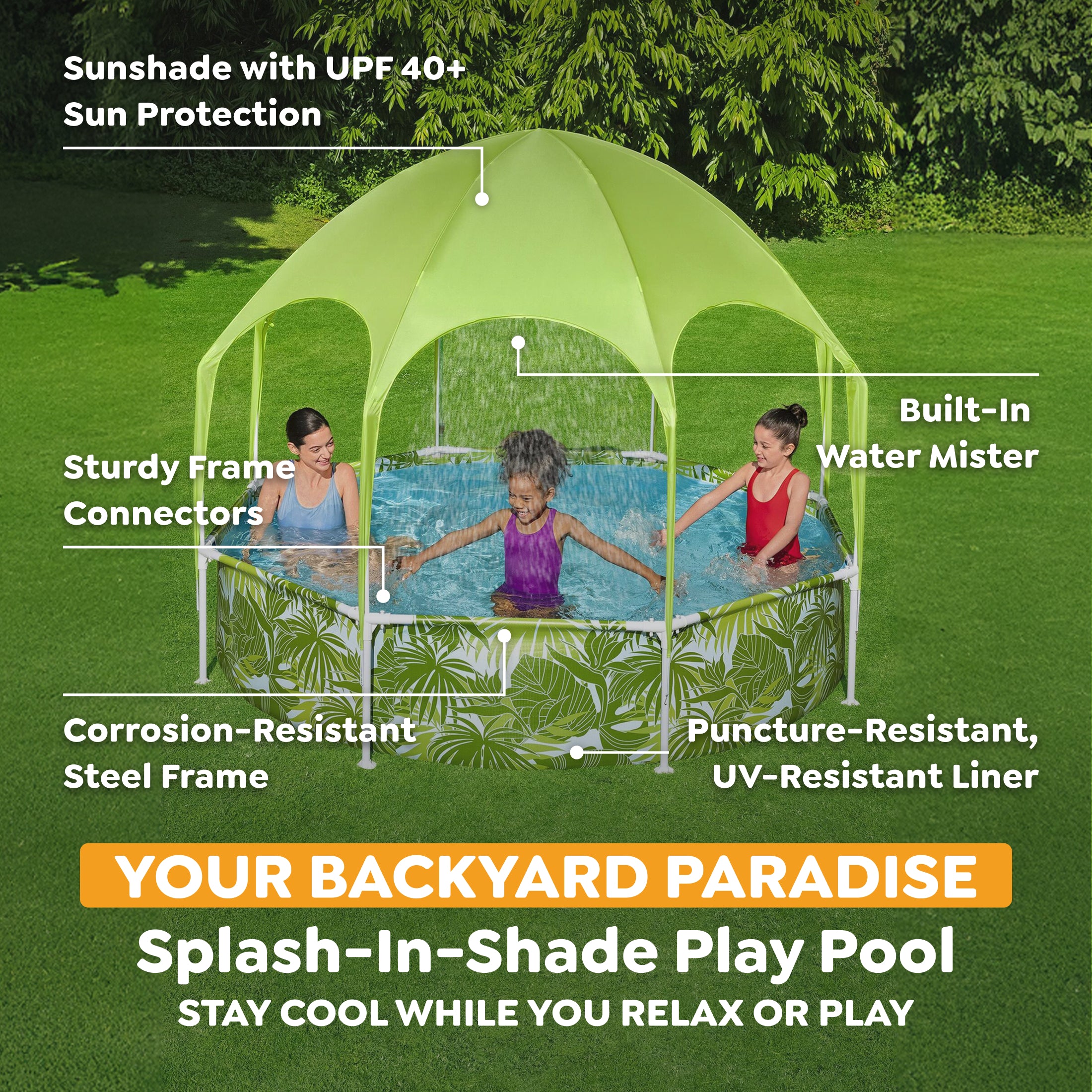 Kids Splash-in-Shade Round Above Ground Pool w/ Canopy, Green (Open Box)