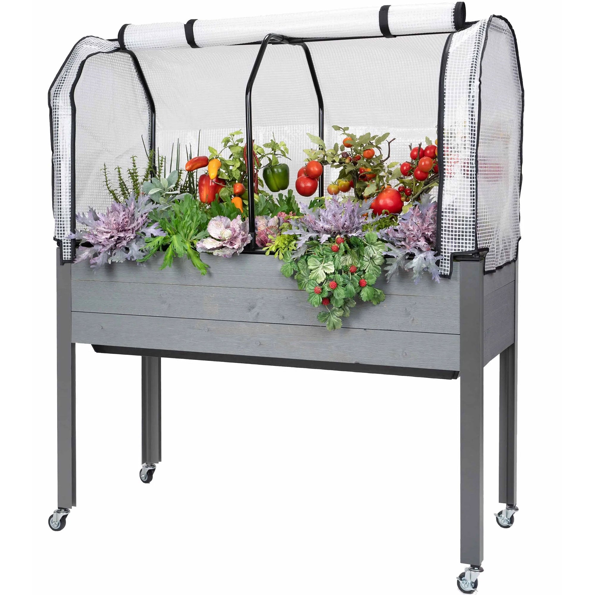 CedarCraft 21x47x32" Self Watering Elevated Planter, Gray, w/ Greenhouse Cover