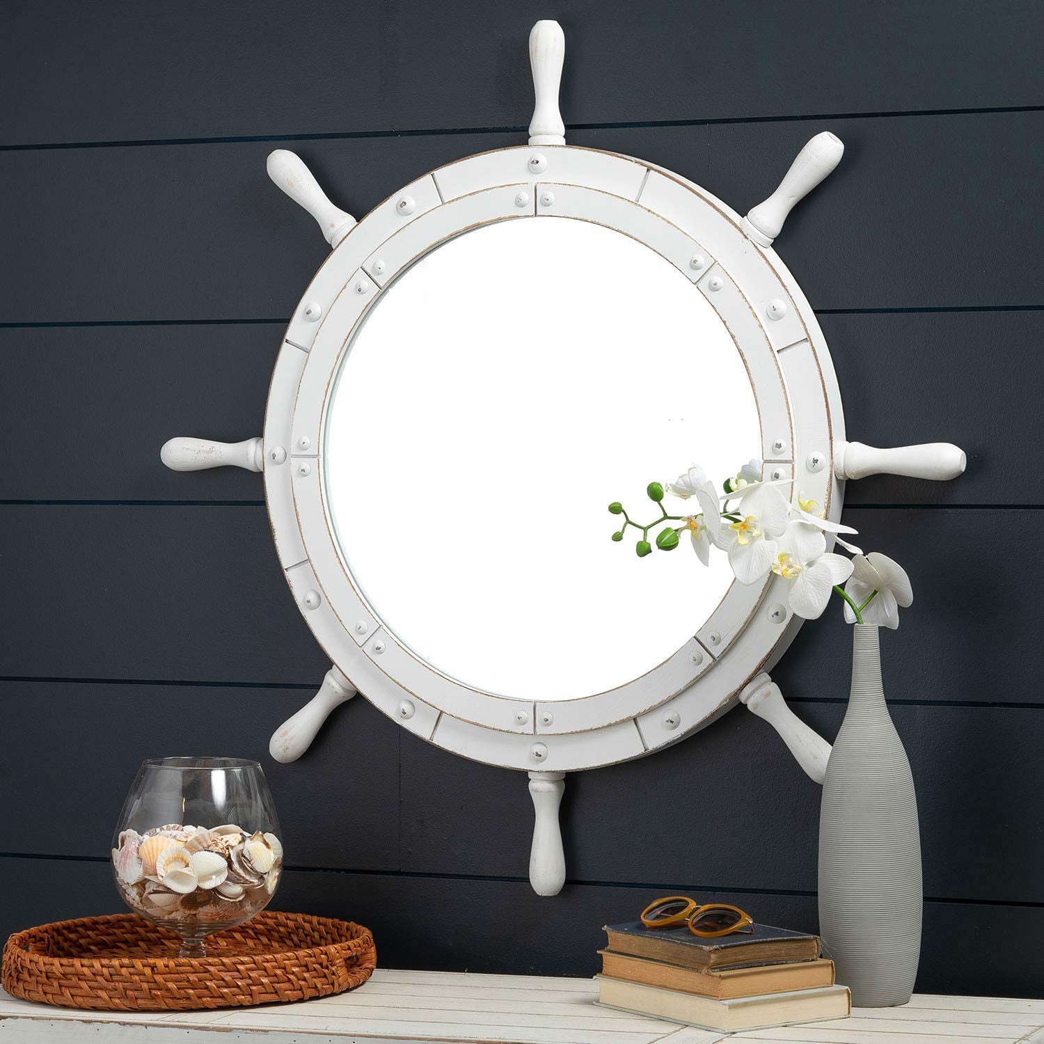 Nagina 30SANTORINI Santorini Nautical Distressed Ship Wheel Mirror, 30", White