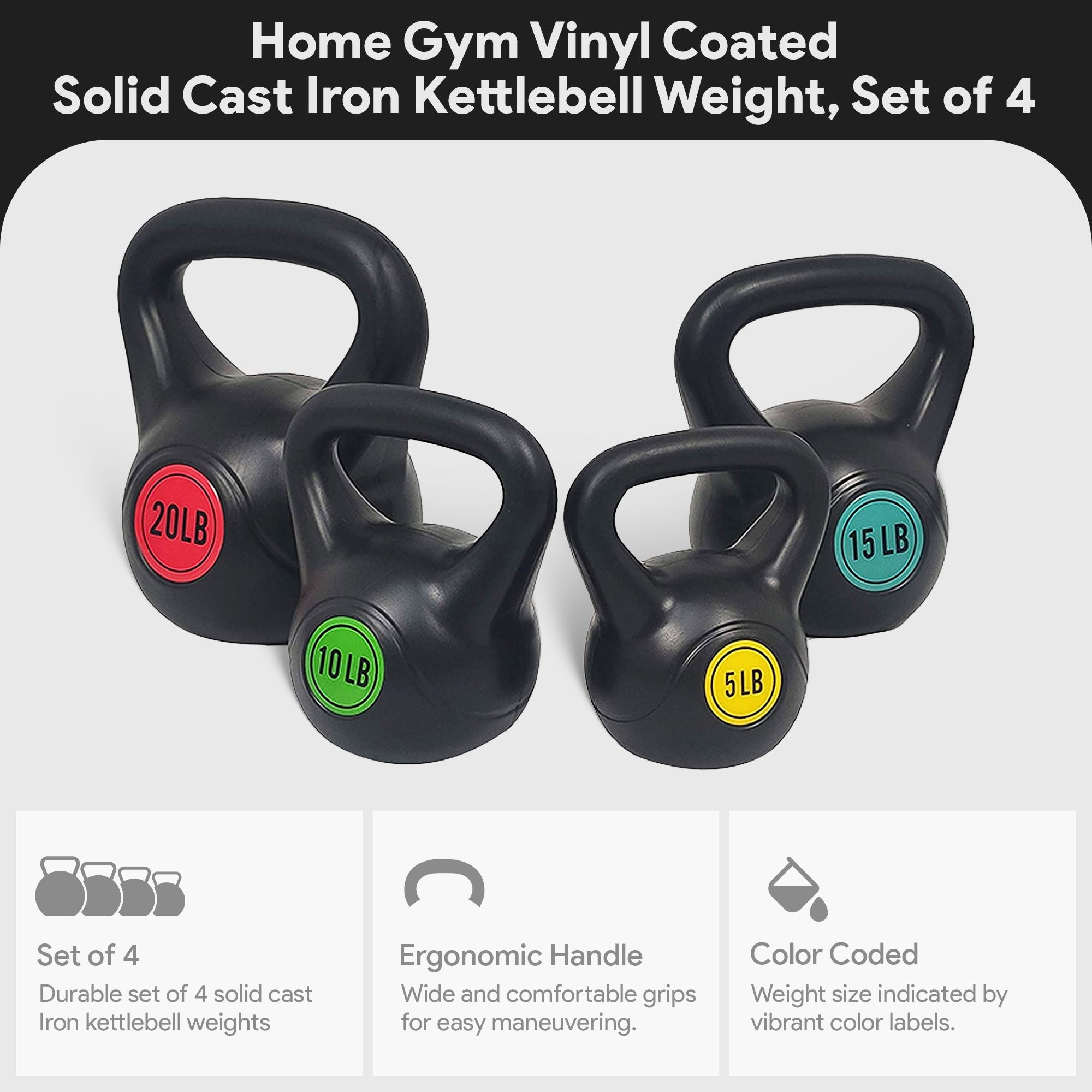 BalanceFrom Fitness Home Gym Vinyl Coated Solid Cast Iron Kettlebell Weight Set - VMInnovations