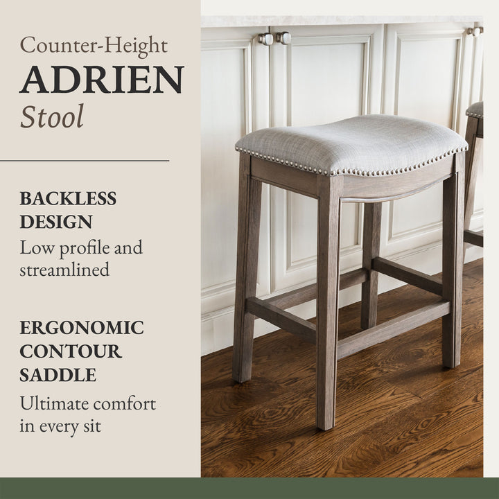 Maven Lane Adrien Saddle Counter Stool in Reclaimed Oak Finish w/ Ash Grey Fabric Upholstery - VMInnovations