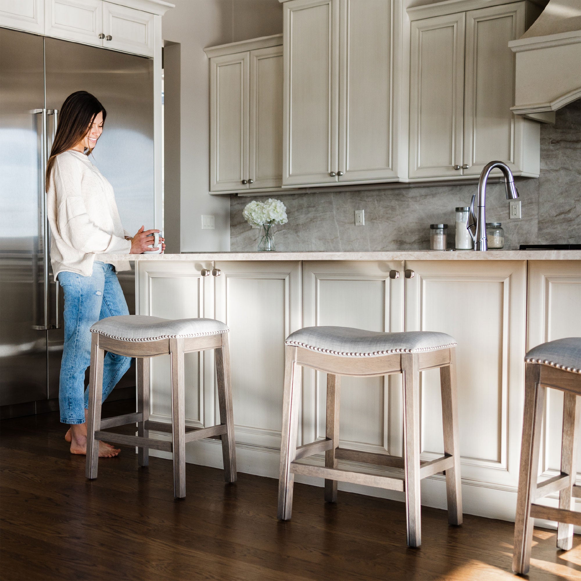 Maven Lane Adrien Saddle Counter Stool 25.7"H, Reclaimed Oak (Open Box) (4 Pack) - VMInnovations