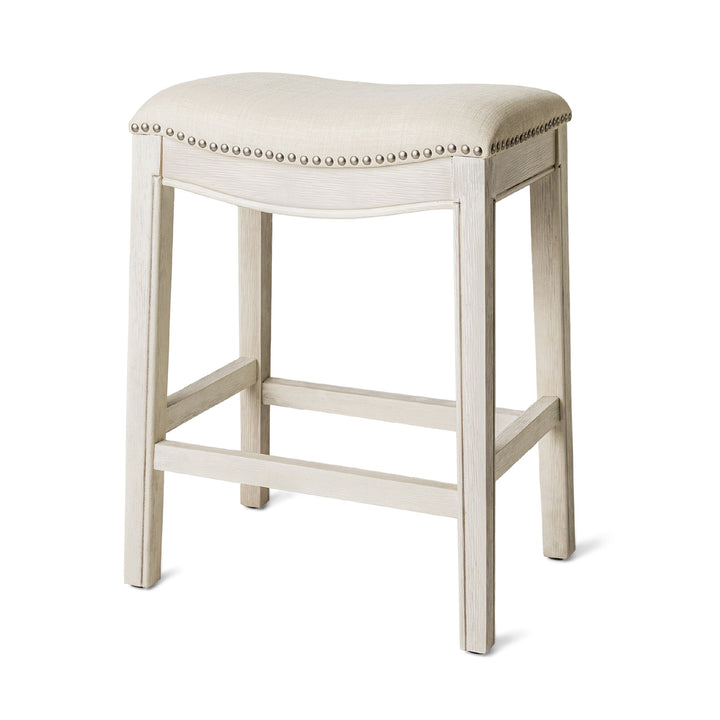 Maven Lane Adrien Saddle Counter Stool in White Oak Finish w/ Natural Fabric Upholstery - VMInnovations