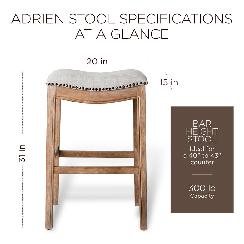 Maven Lane Adrien Saddle Bar Stool in Weathered Oak Finish w/ Sand Color Fabric Upholstery