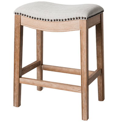 Maven Lane Adrien Saddle Counter Stool in Weathered Oak Finish w/ Sand Color Fabric Upholstery