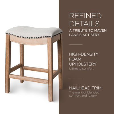 Maven Lane Adrien Saddle Counter Stool in Weathered Oak Finish w/ Sand Color Fabric Upholstery