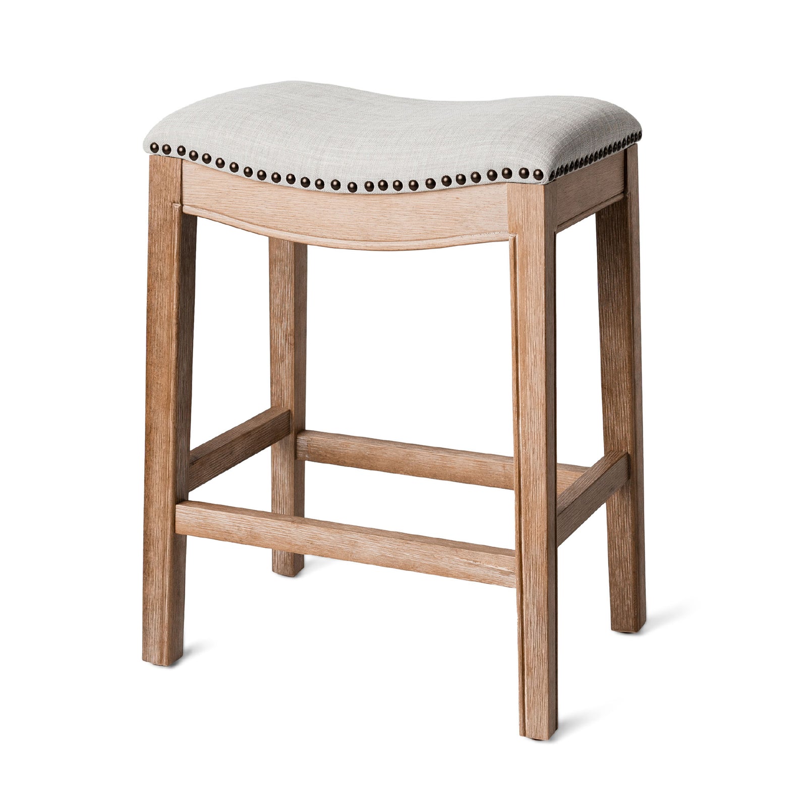 Maven Lane Adrien Saddle Counter Stool in Weathered Oak Finish w/ Sand Color Fabric Upholstery - VMInnovations