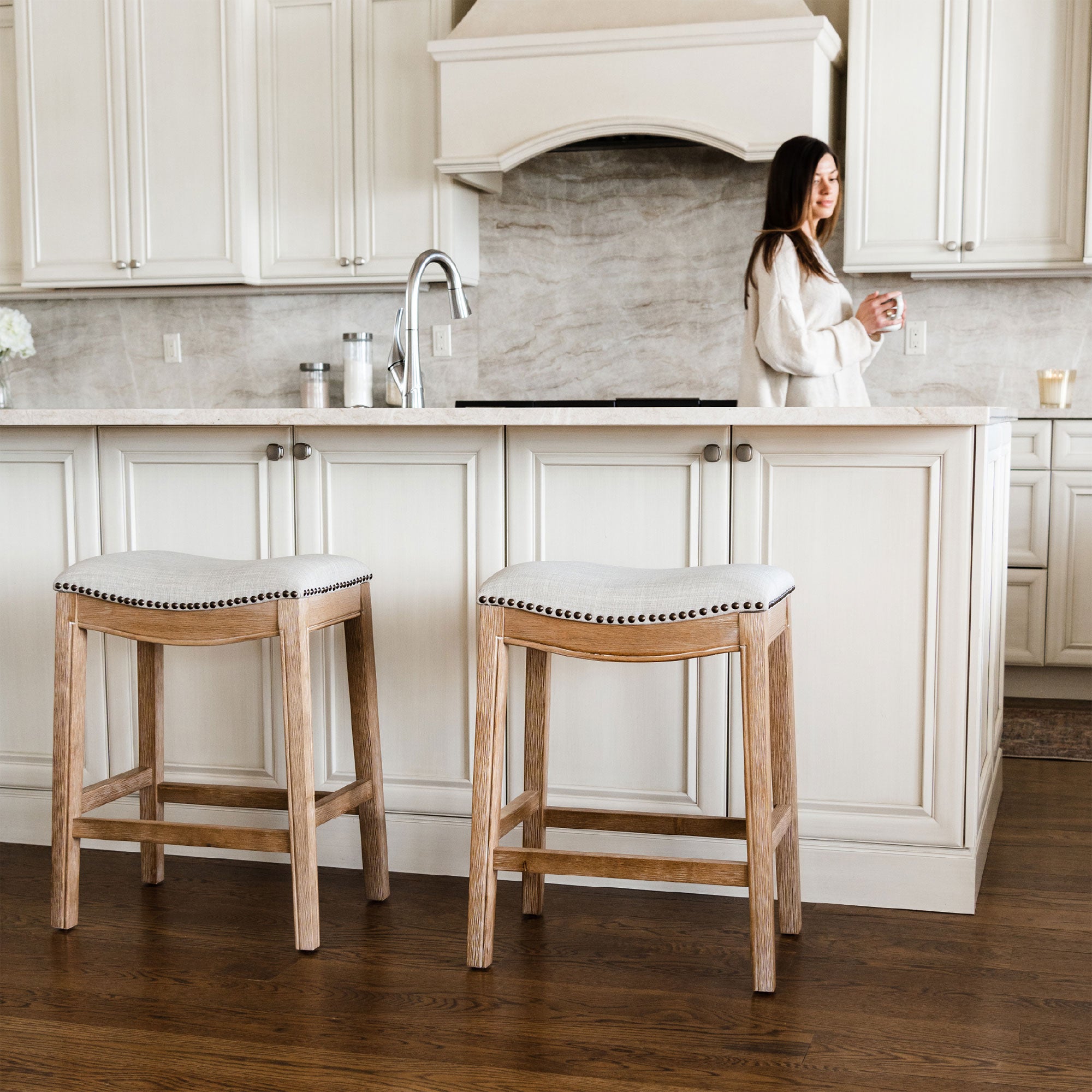 Maven Lane Adrien Saddle Backless Counter Stool, Weathered Oak (Open Box) - VMInnovations