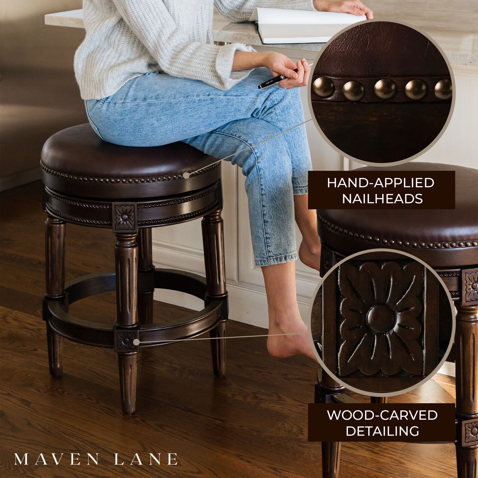 Maven Lane Pullman Backless Bar Stool in Dark Walnut Finish with Vintage Brown Vegan Leather, Set of 3 - VMInnovations