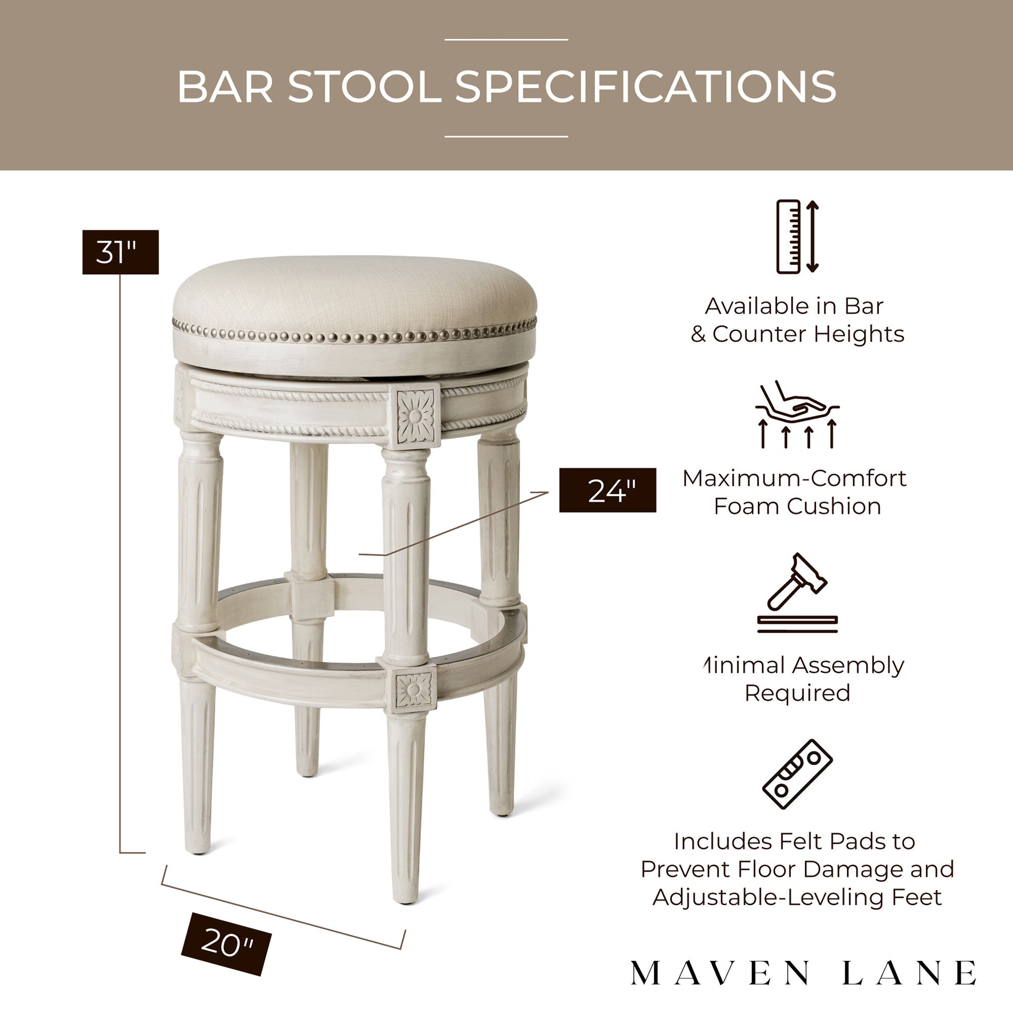 Maven Lane Backless Swivel Kitchen Bar Stool 30"H, White (For Parts) (2 Pack) - VMInnovations
